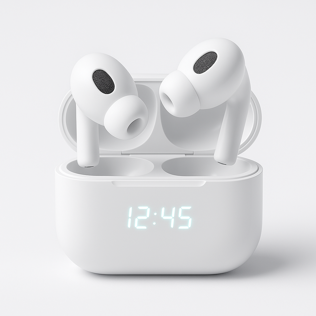 White wireless earbuds in an open charging case with a digital clock display showing 12:45.