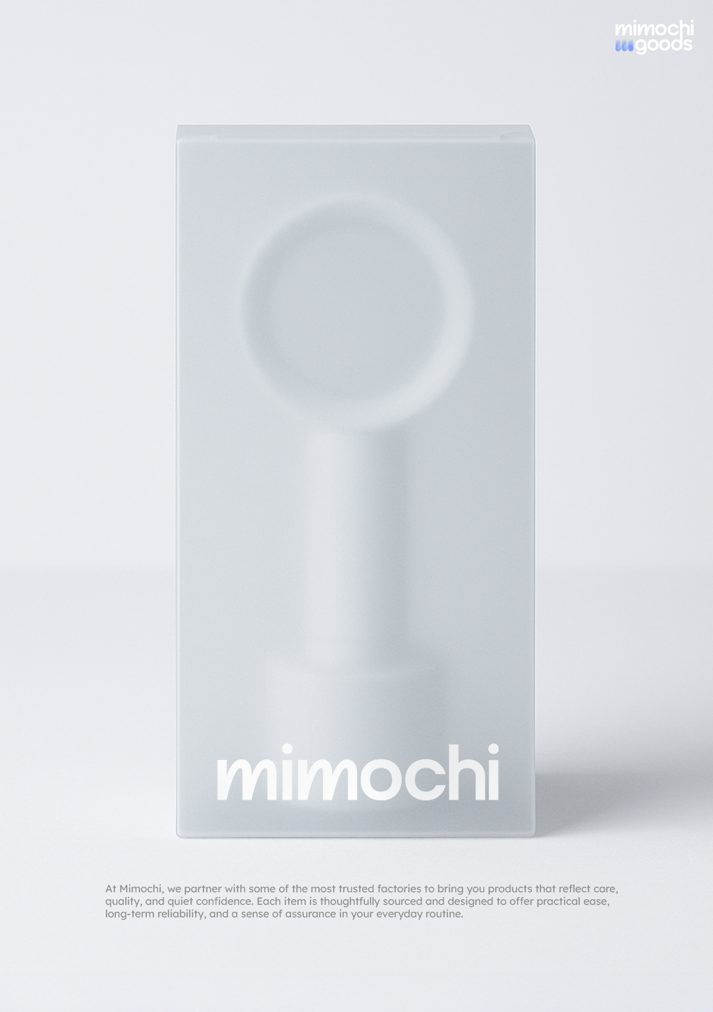 Box with the word 'mimochi' and a circular pattern in a white and gray color scheme, with small text at the bottom about partnering with trusted factories.
