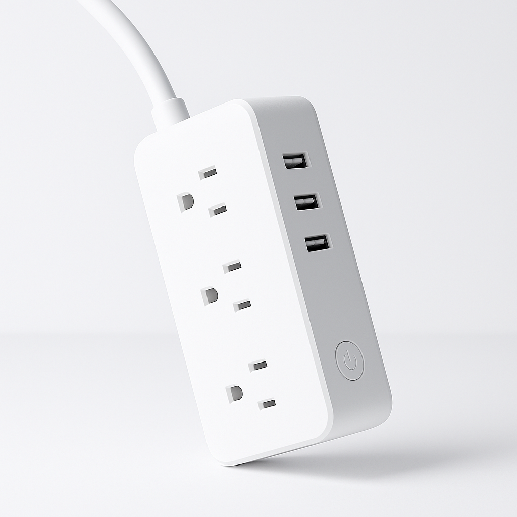 White power strip with multiple electrical outlets and USB ports, with a power button on the side, on a white background.