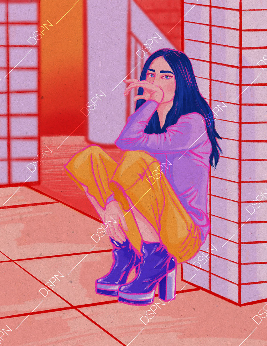 Stylized digital illustration of a young woman with long dark hair sitting on the floor in a modern, colorful setting. She is wearing a purple long-sleeve top, mustard yellow pants, and platform shoes. She is resting her chin on her hand and looking