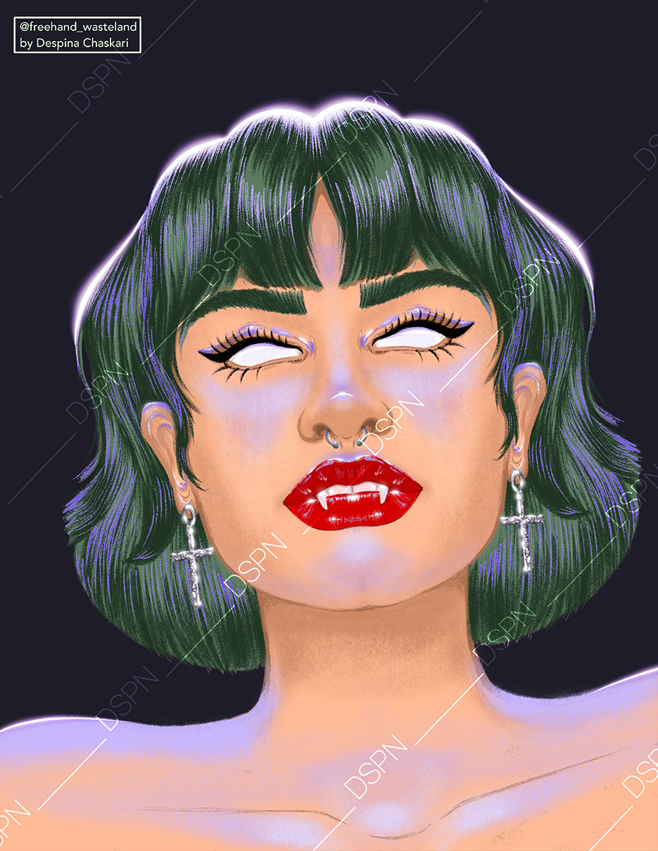 Digital illustration of a woman with short green hair, bold makeup, and pierced lips, wearing cross earrings, with glowing white eyes, against a dark background.