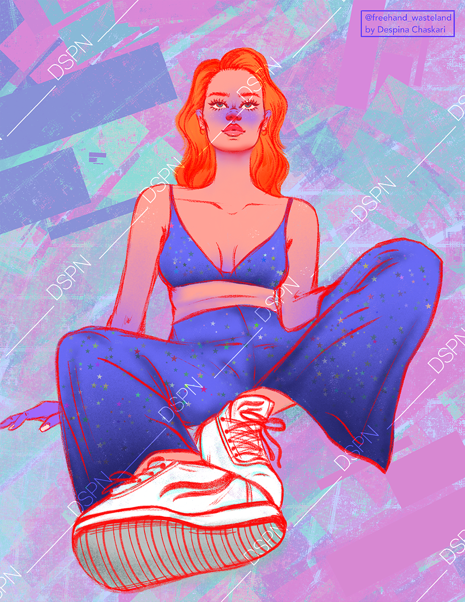 Digital illustration of a woman with red hair wearing a blue star-patterned tank top and pants, sitting cross-legged on a colorful, textured background with geometric shapes.
