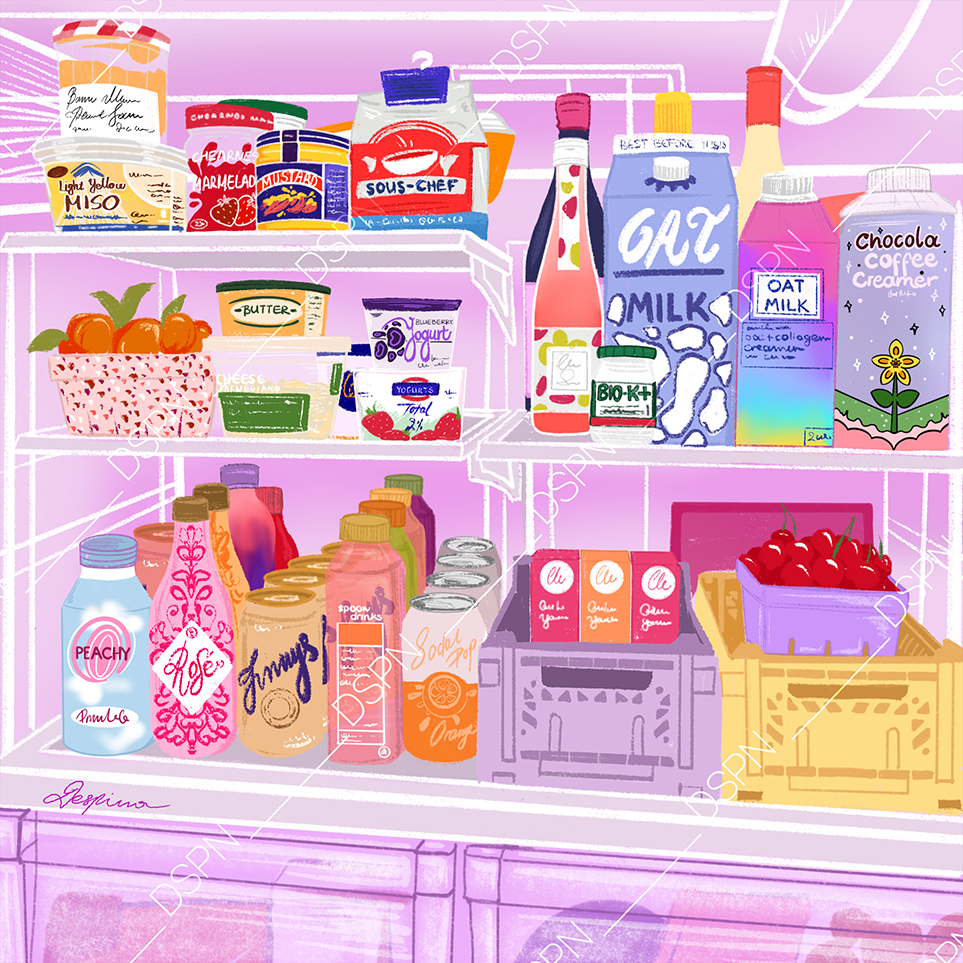 Illustration of an open fridge with shelves containing various grocery items including yogurt, milk, juice, cherries, canned drinks, and condiments in colorful packaging.