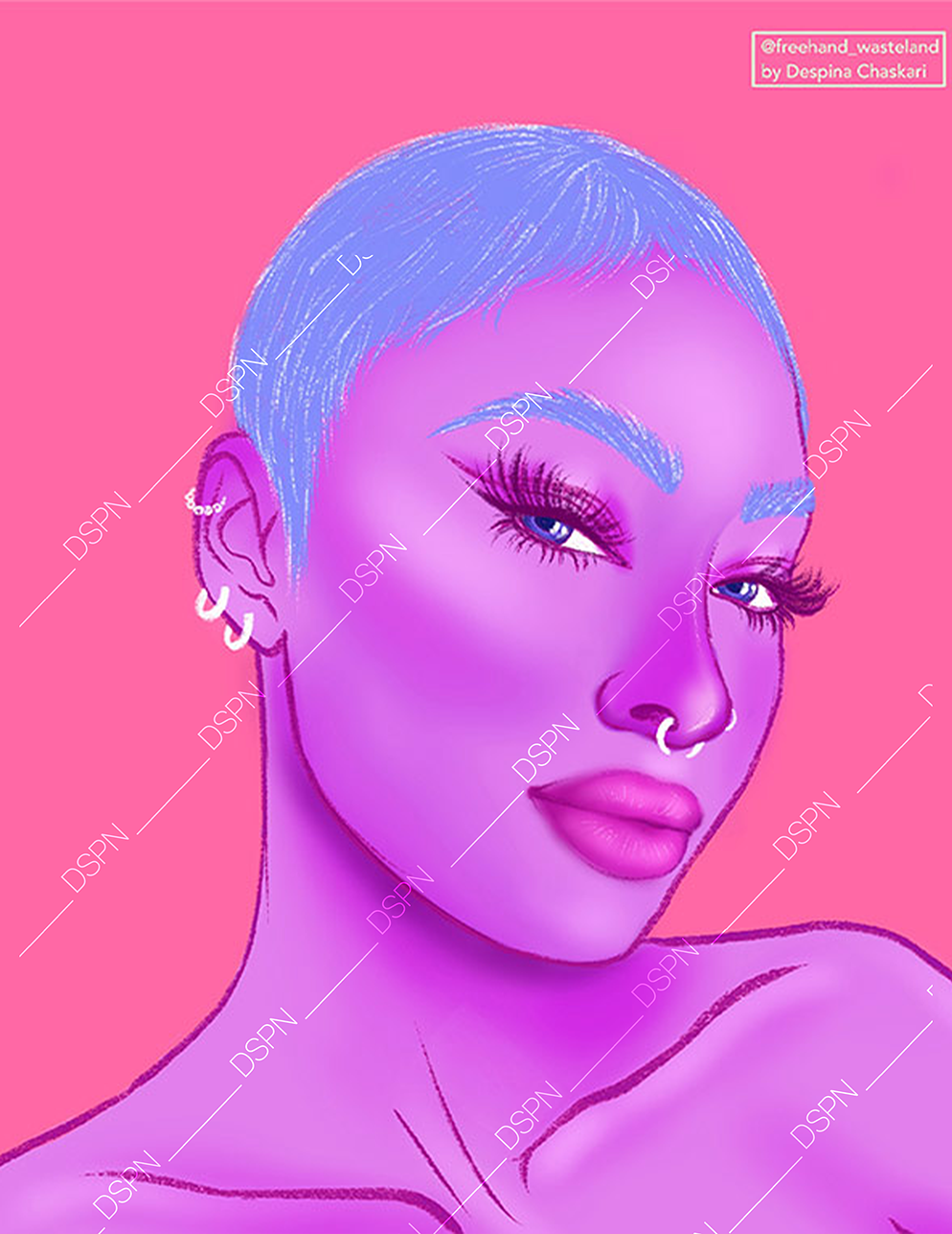 Digital illustration of a young woman with short blue hair, pink makeup, multiple earrings, and bold lips, set against a pink background.
