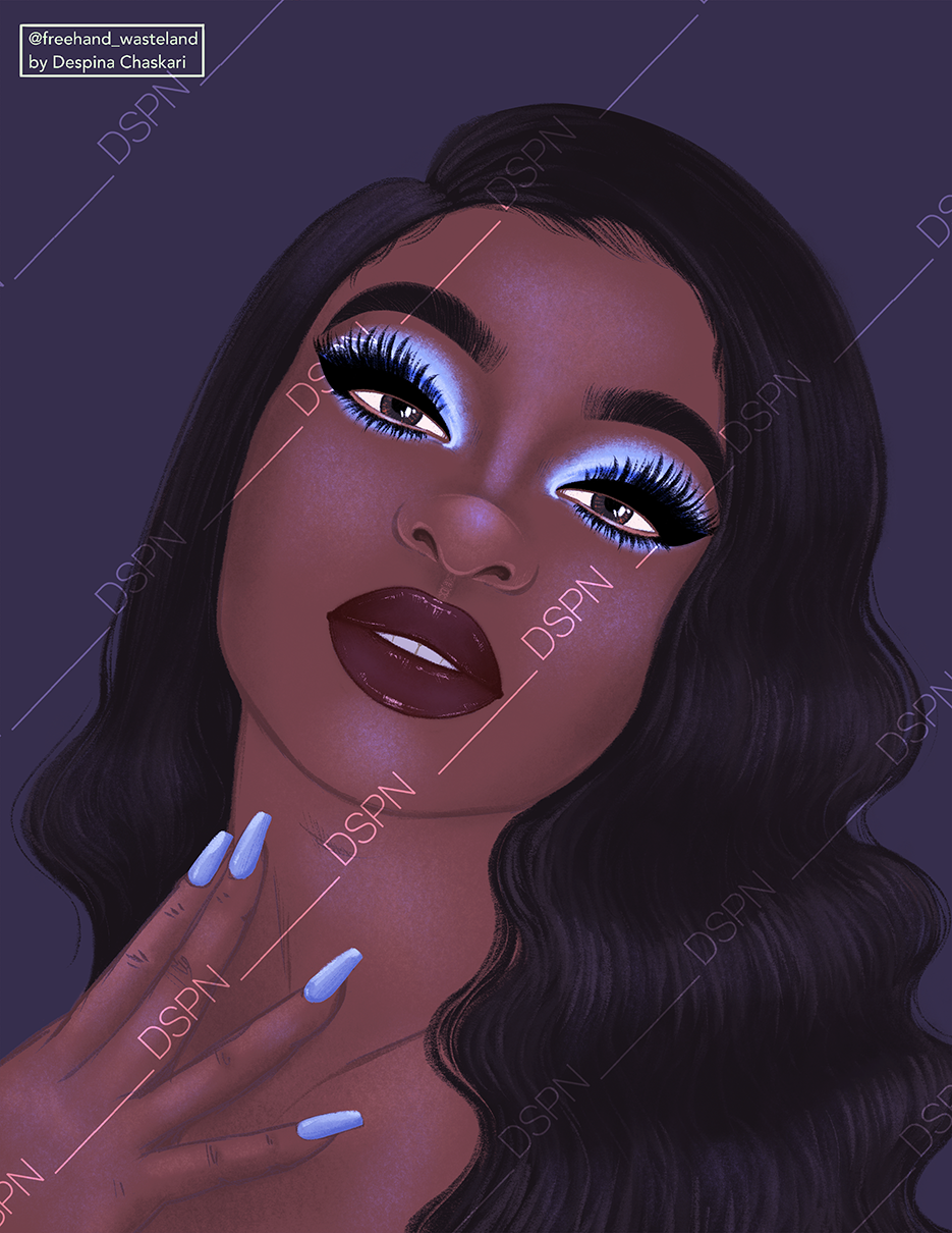 Digital illustration of a woman with dark wavy hair, bold makeup including blue eyeshadow, dramatic lashes, dark lipstick, and long nails, set against a dark background.