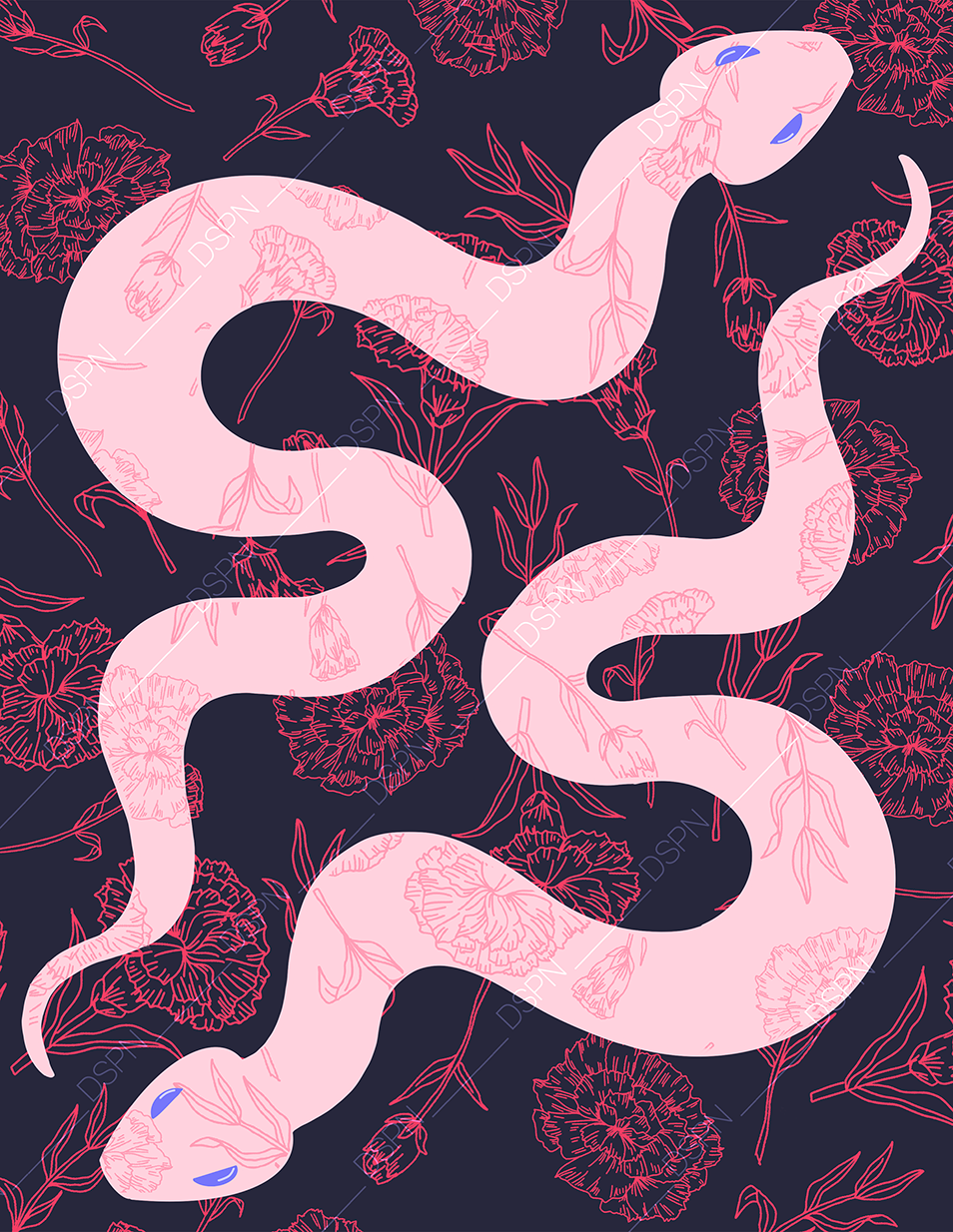 An illustration of a pale pink snake with blue eyes on a dark background with pink floral line drawings.