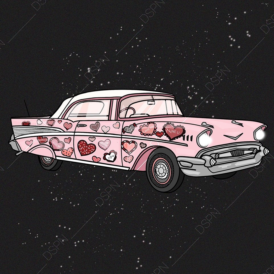 Cartoon pink vintage car decorated with various heart stickers and messages, floating in space with a starry background.