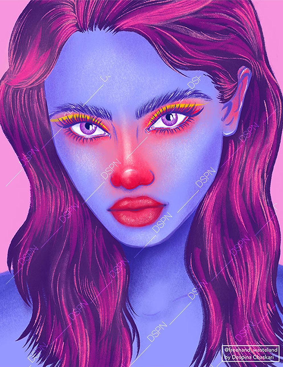 Digital art portrait of a woman with purple skin and vibrant pink hair, wearing colorful eye makeup and red lipstick.