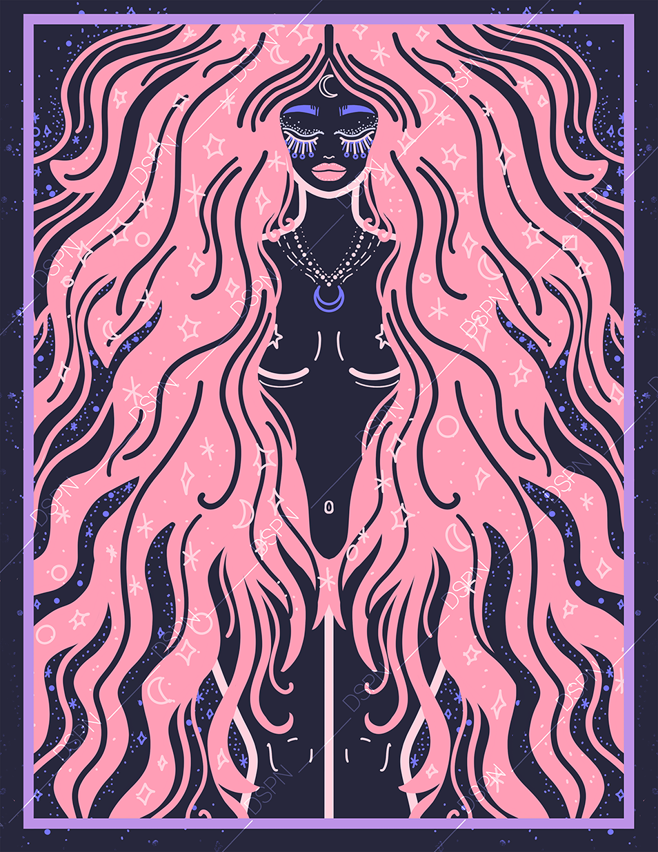 Digital illustration of a mystical woman with long flowing pink hair, dark skin, and celestial-themed jewelry, set against a starry night background with a border.