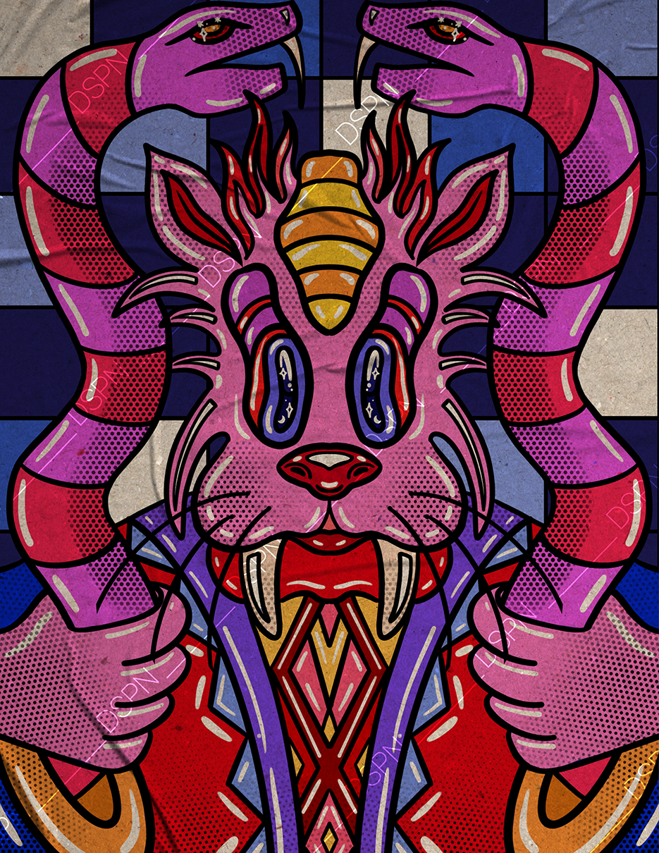 Colorful, comic-style illustration of a pink tiger with a mischievous expression, holding its head with hands resembling snake-like tentacles, wearing a suit with a red and purple pattern, and a gold and brown striped snout.