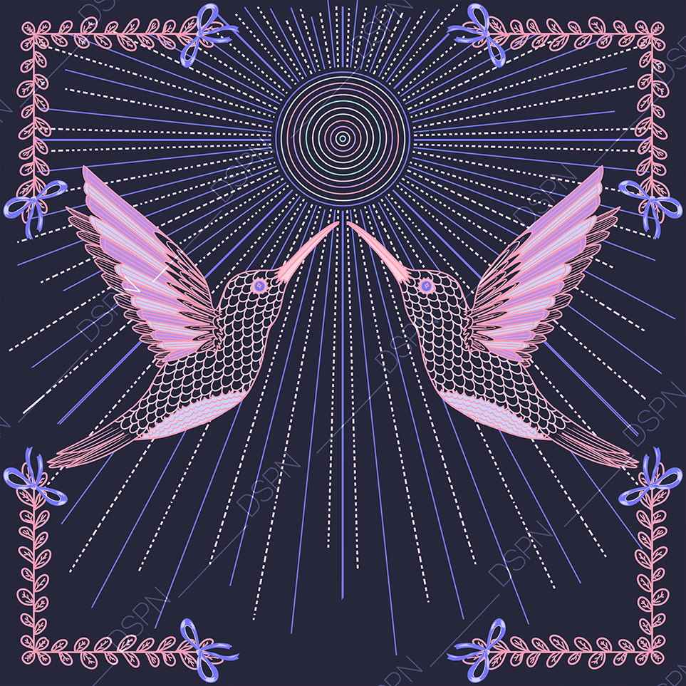 A symmetrical digital illustration featuring two pink hummingbirds with detailed wings facing each other, surrounded by radiant lines emanating from a central circle, framed by a decorative pink and blue border with bows and leaf motifs on a dark bac