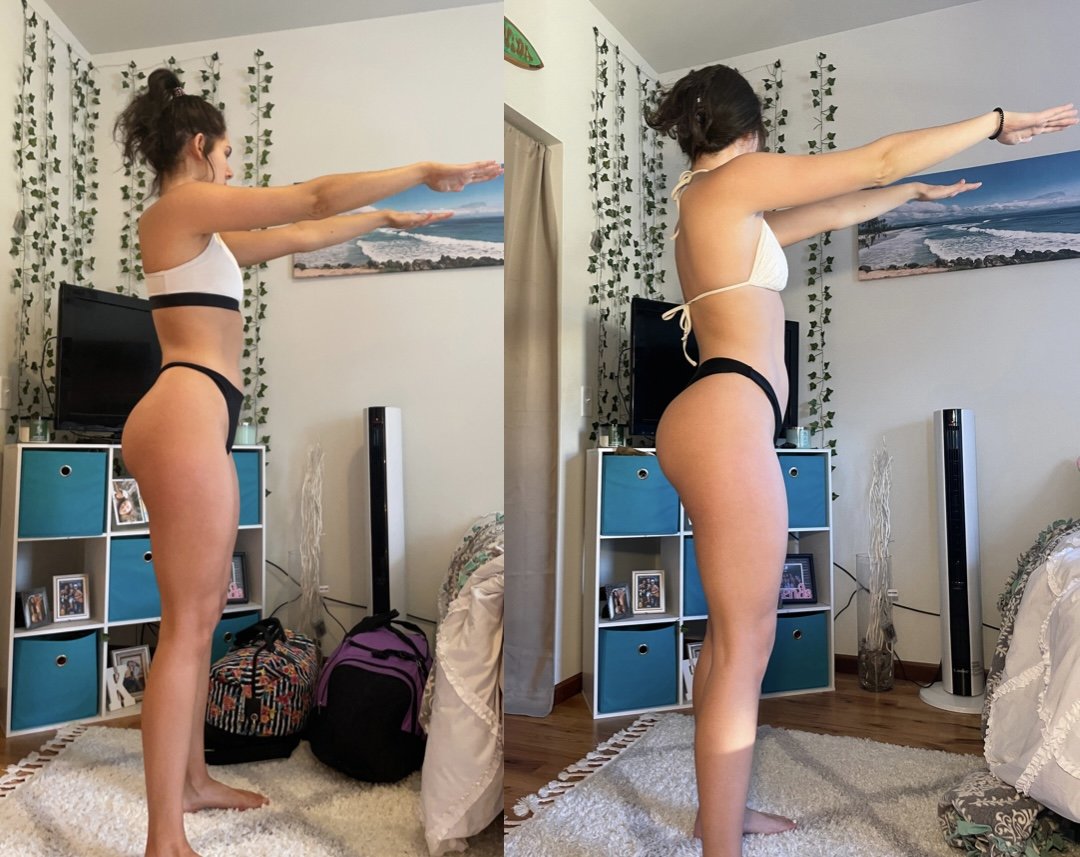 Two side-by-side photos of a woman indoors, facing left, in a room with a TV, shelves, and framed pictures. Both images feature her in a two-piece outfit with her arms extended forward. The room has ivy decorations and a light-colored rug.
