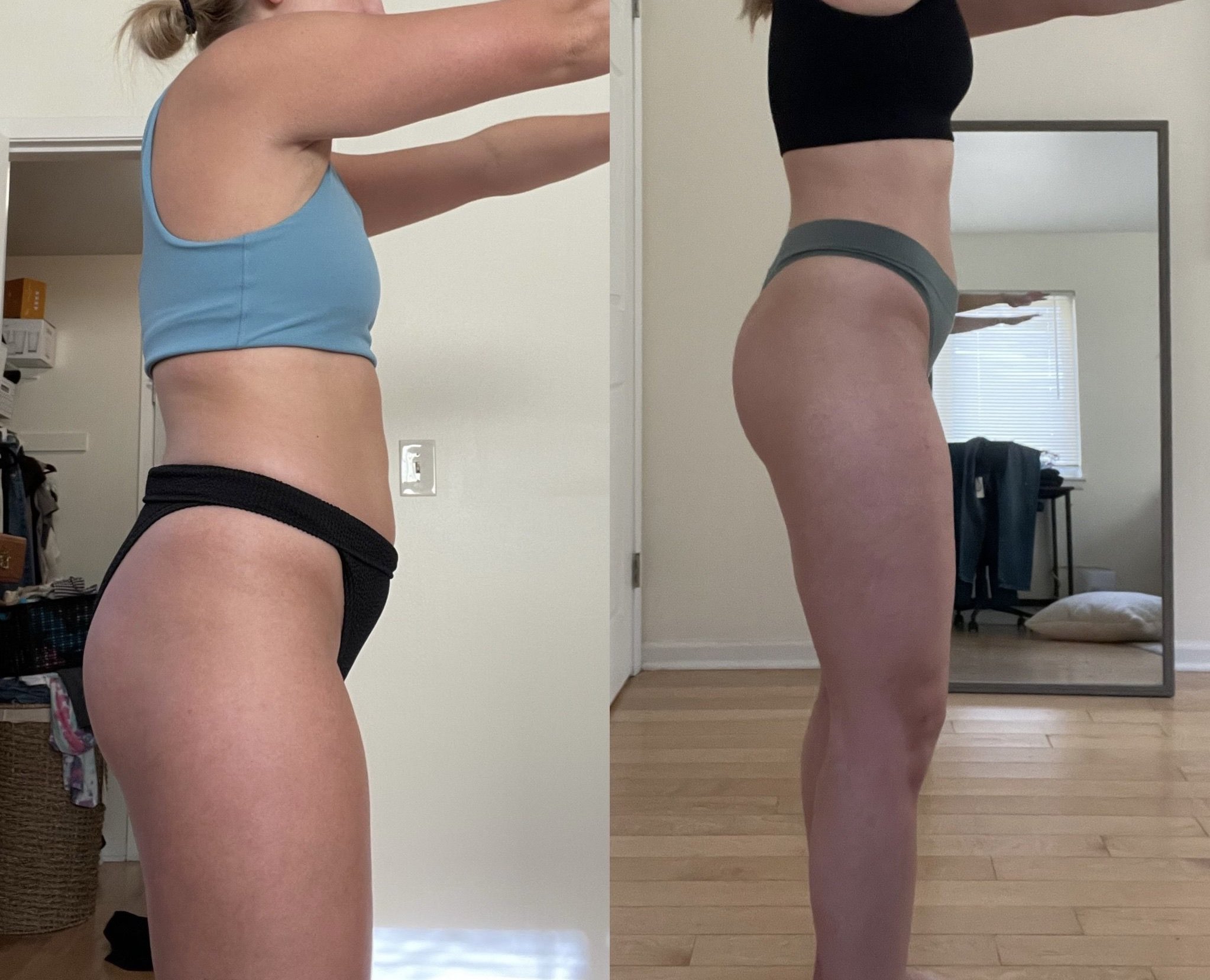 Side-by-side comparison of a woman before and after a physical transformation, showcasing changes in body shape and muscle tone, in a bedroom setting with wooden floor and closet.