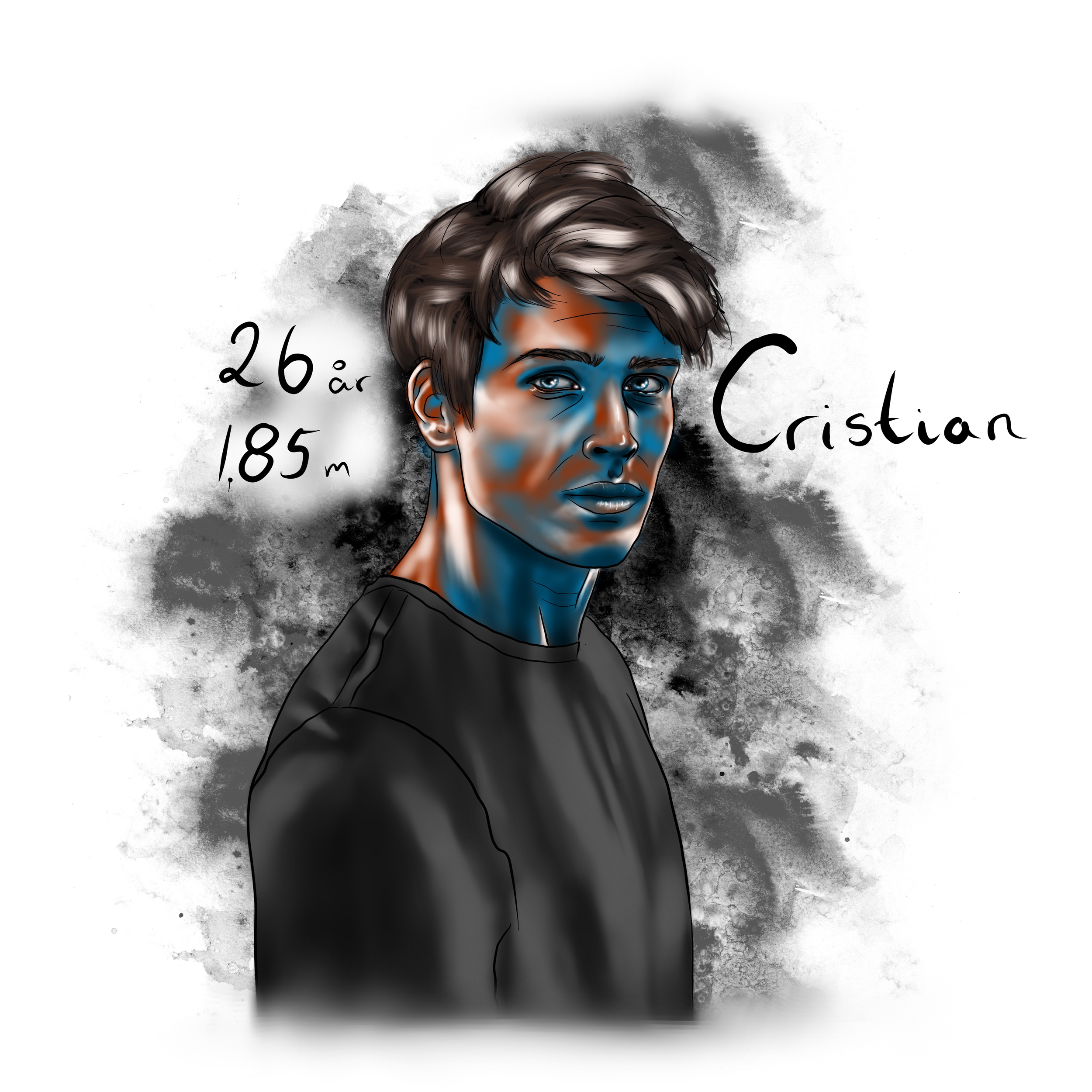 Digitalt konstverk av en ung man med brunt hår, blå och orangea färger i ansiktet, svart t-shirt, bredvid texten "26 år", "1,85 m", och "Cristian".