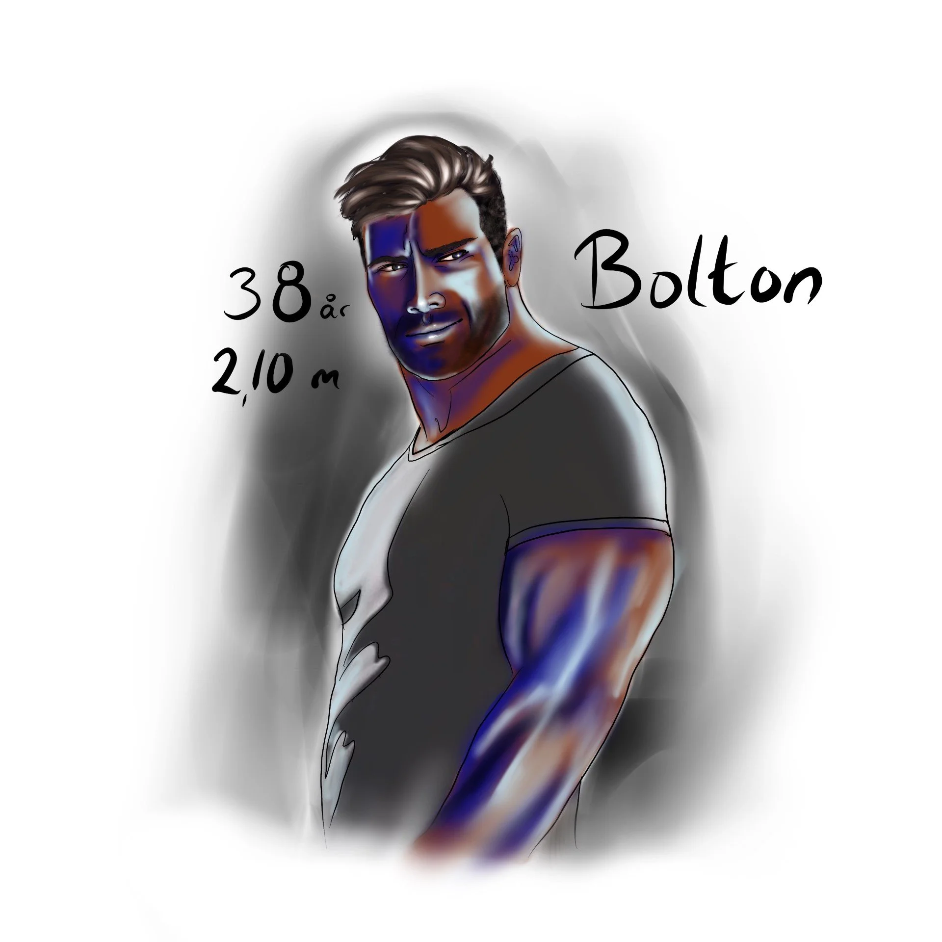 Digitalt tecknad porträtt av en man med mörk hud, mörkt hår, klädd i en svart T-shirt, med texten "38 år", "2,10 m" och "Bolton". Bakgrund i gråtoner.