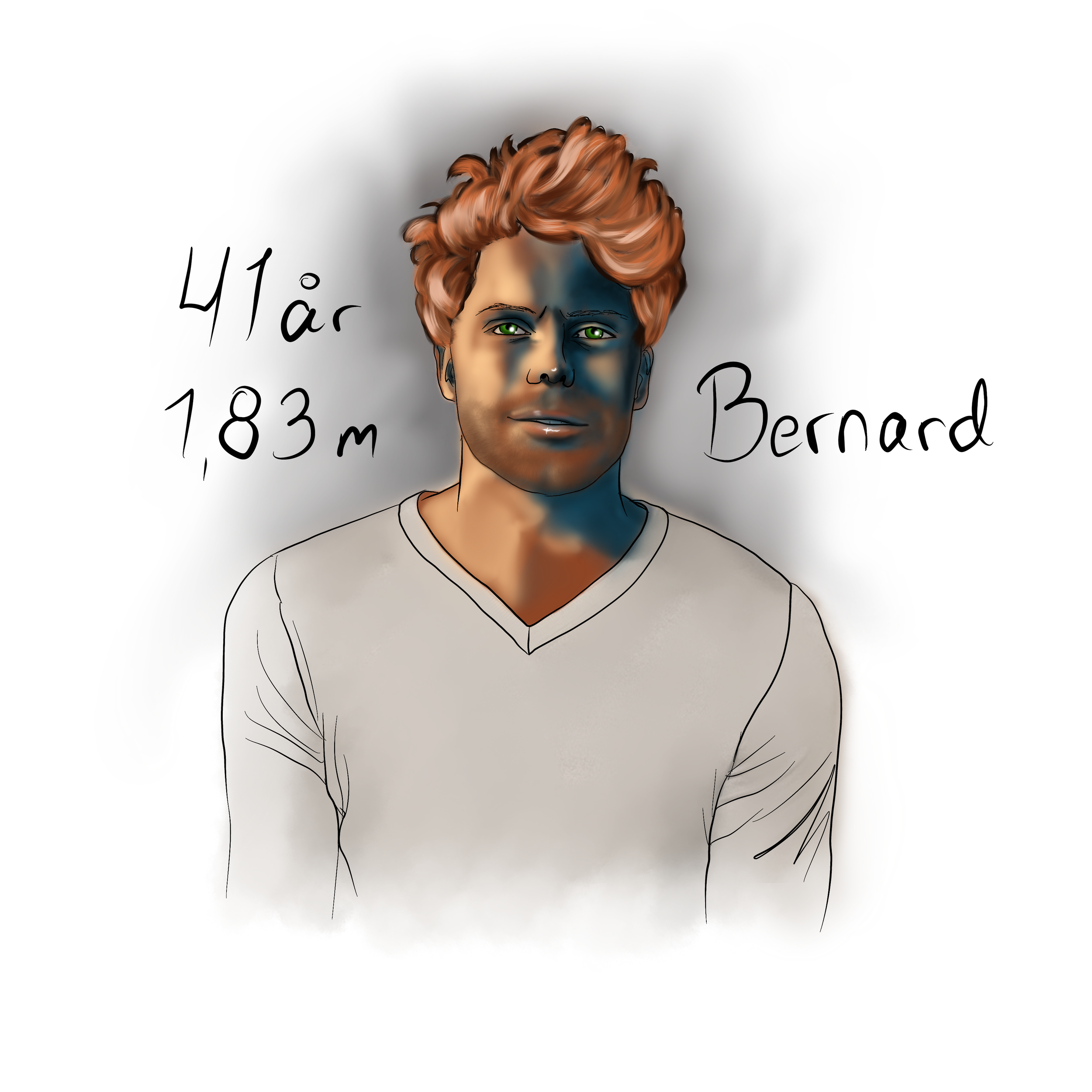 Digital illustration of a young man with red hair, green eyes, and light skin, wearing a white V-neck shirt. Text on the image states he is 41 years old, 1.83 meters tall, and the name Bernard.