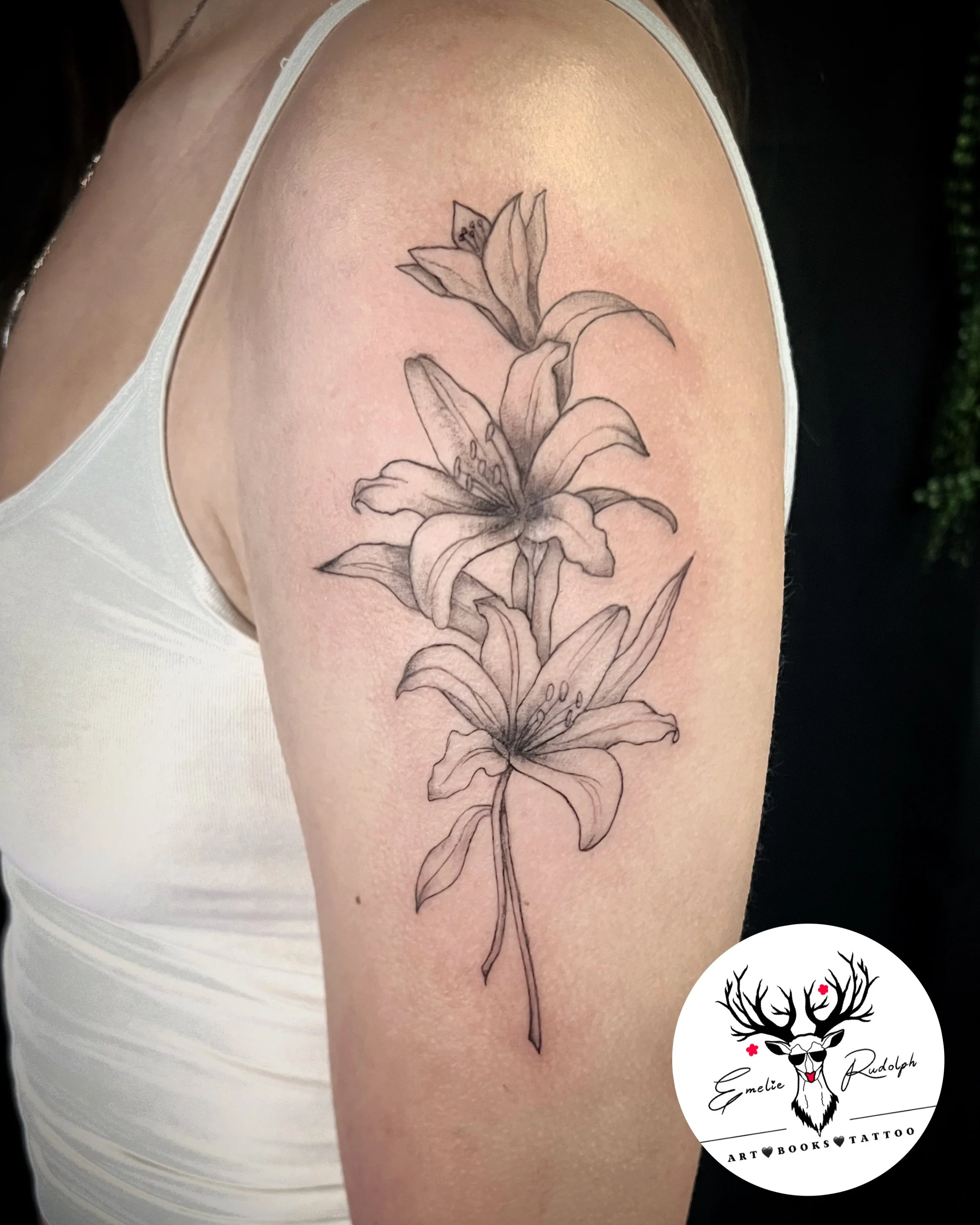 🤍 Lilja
Eleganta liljor i black & grey realism – symbolik och skönhet i varje blad – av Emelie Rudolph