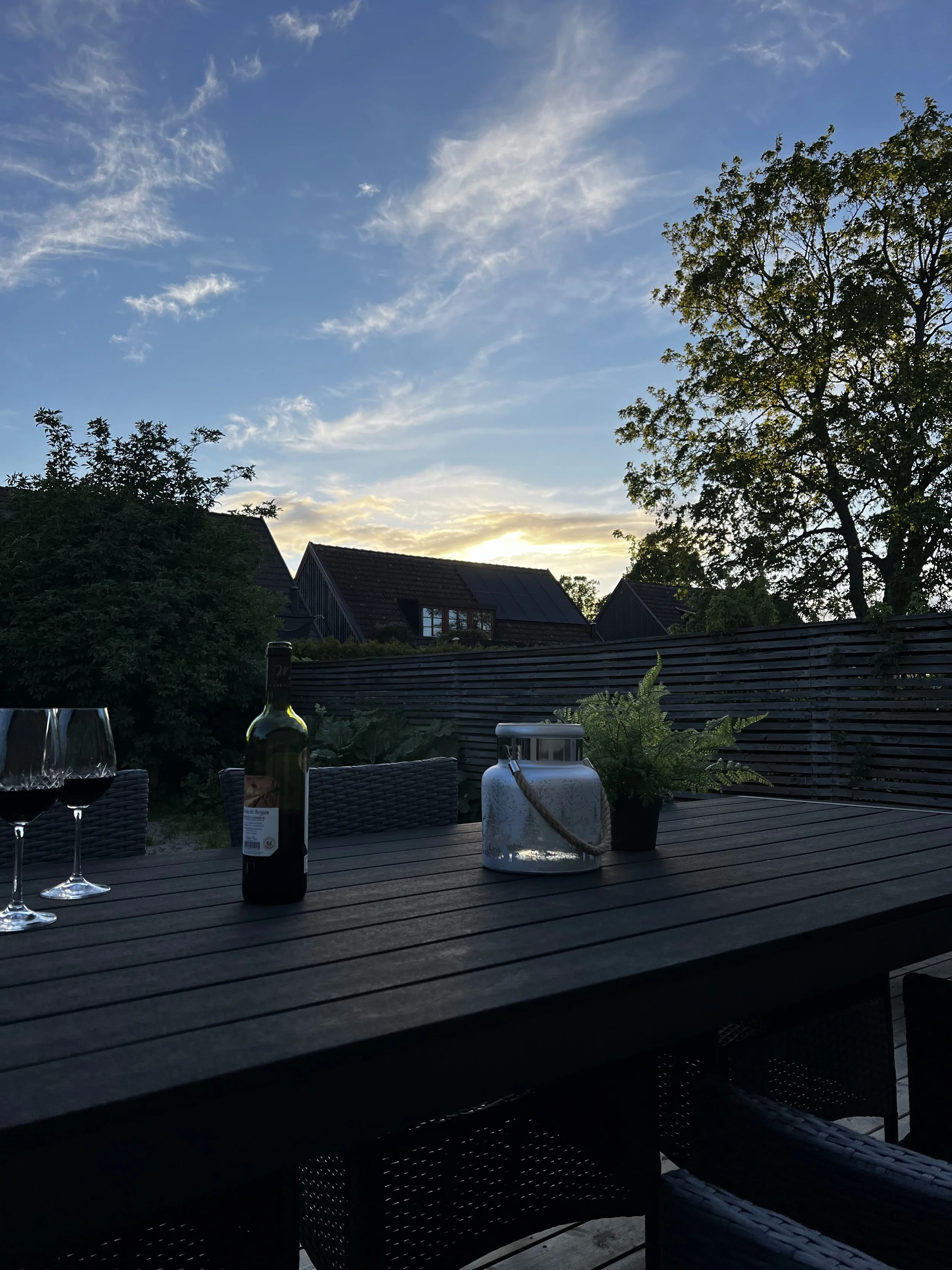 Uteplats med ett bord, vinställ, vinflaska, glas, en blomkruka och ett kylskåp, kvällssol och grön skog i bakgrunden.