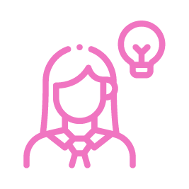 Illustration d'une femme avec une idée représentée par une ampoule à côté de sa tête en couleur rose