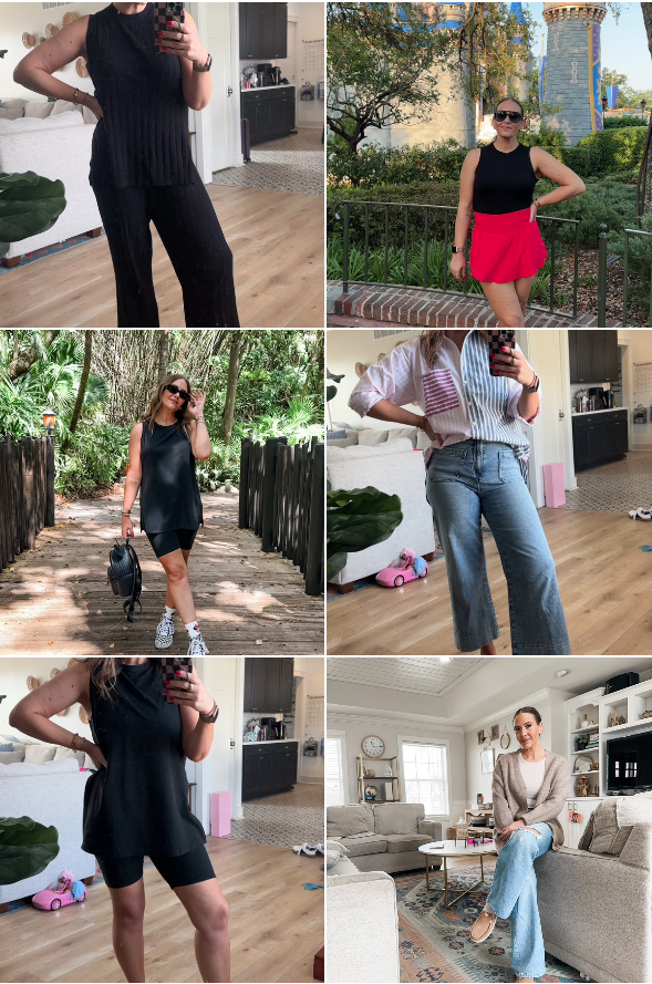 Collage of different outfits including casual and outdoor styles, with various tops, pants, and shoes in indoor and outdoor settings.