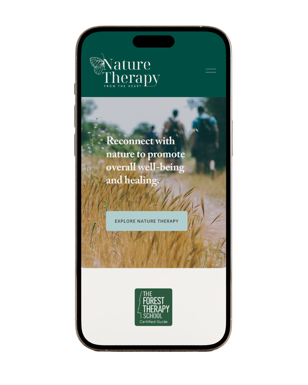 Smartphone displaying the website for Nature Therapy, designed by Nana Potenza