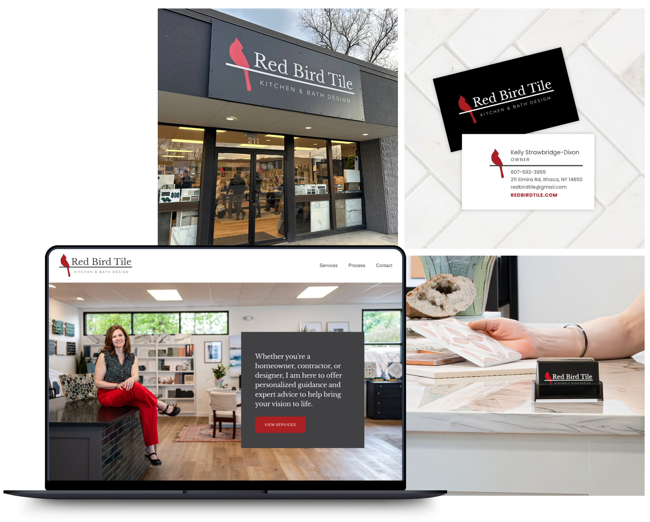 Business storefront signage for Red Bird Tile on a gray background with a red bird logo and white text reading "Red Bird Tile" and "Kitchen & Bath Design."