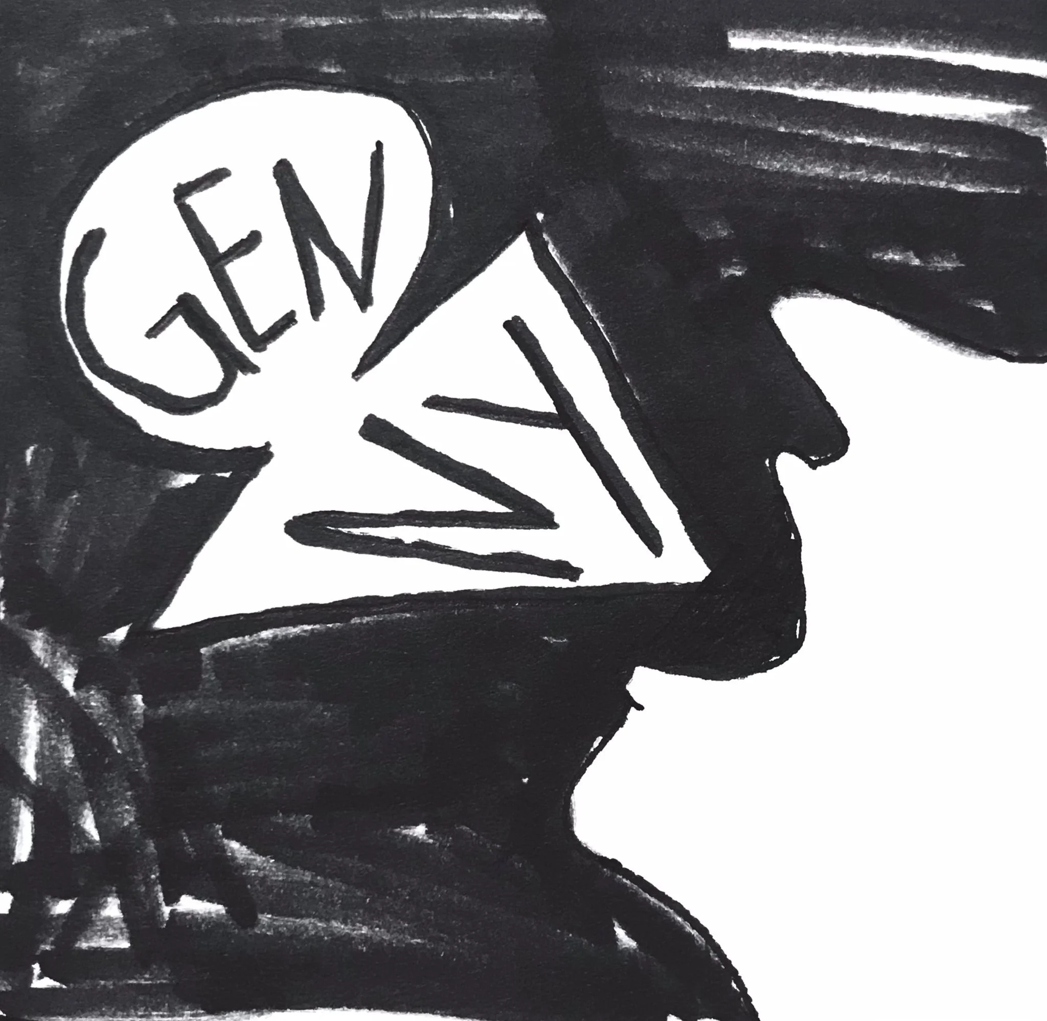 Black and white drawing of a person's face in profile, with a speech bubble containing the name 'Gten' and a rectangle divided into three horizontal lines.