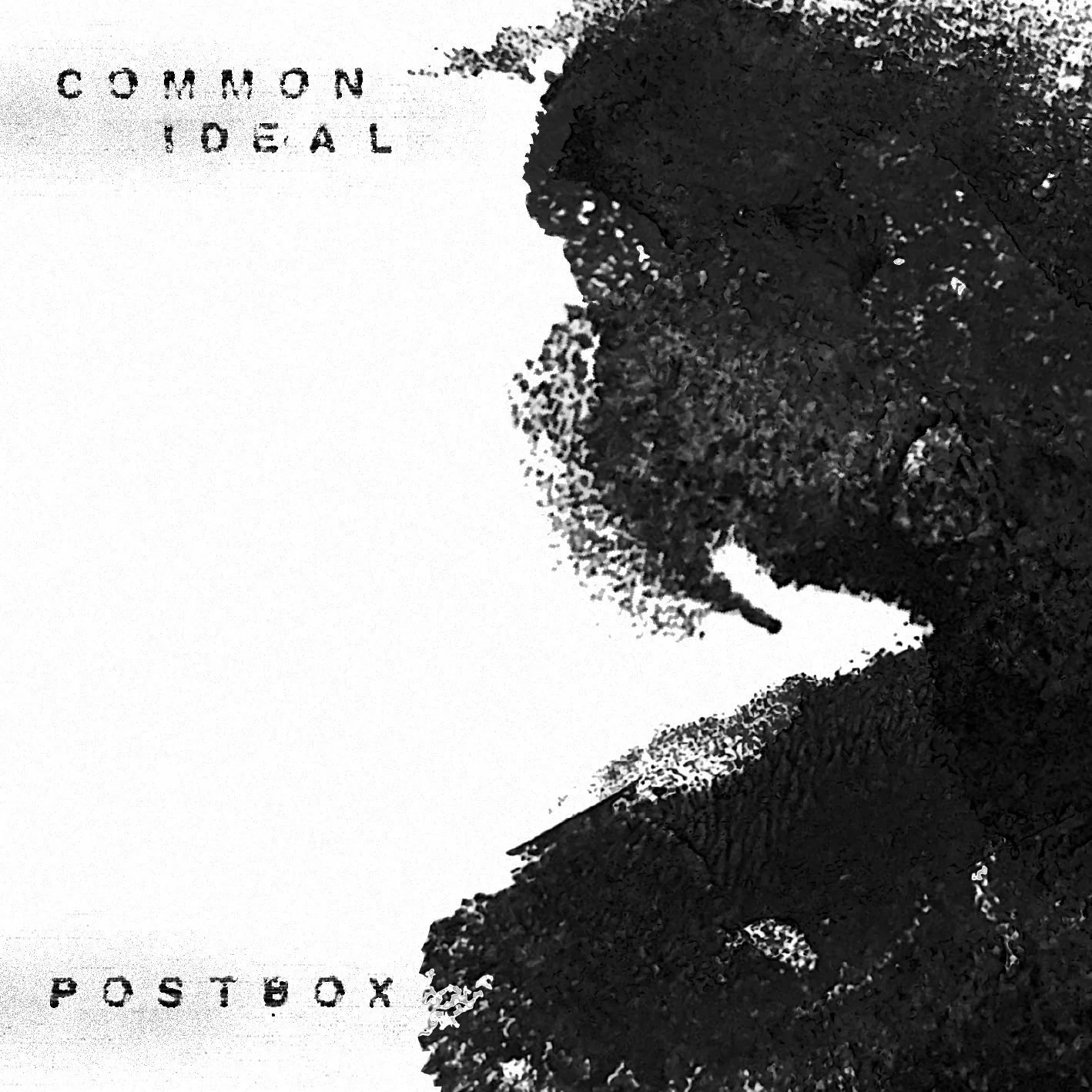 Black and white artistic illustration of a person with curly hair and glasses, with the words 'Common Ideal' at the top and 'Postbox' at the bottom.