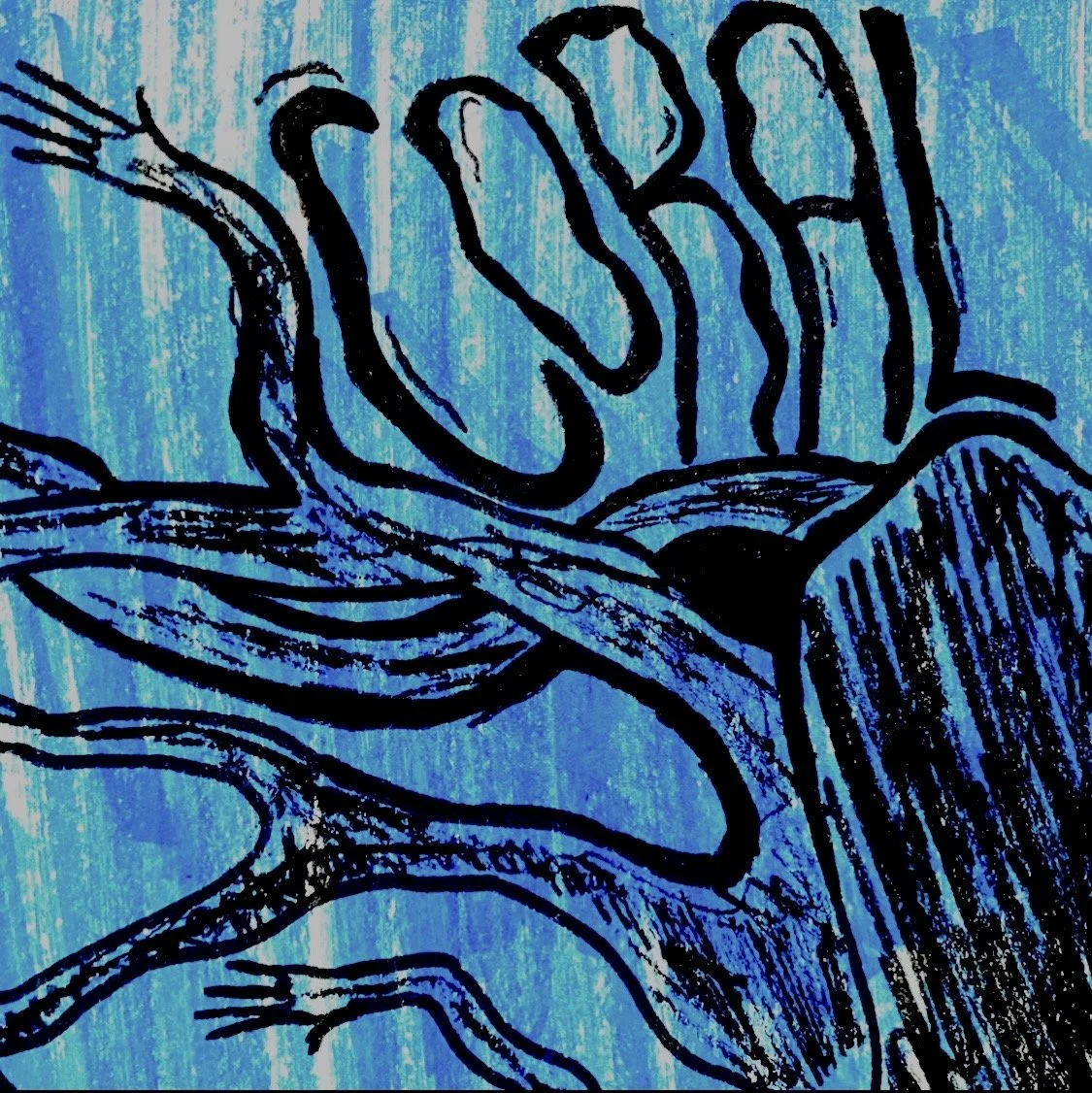 An abstract blue and black illustration of a hand holding a small branch or stick with lines creating a stylized appearance.