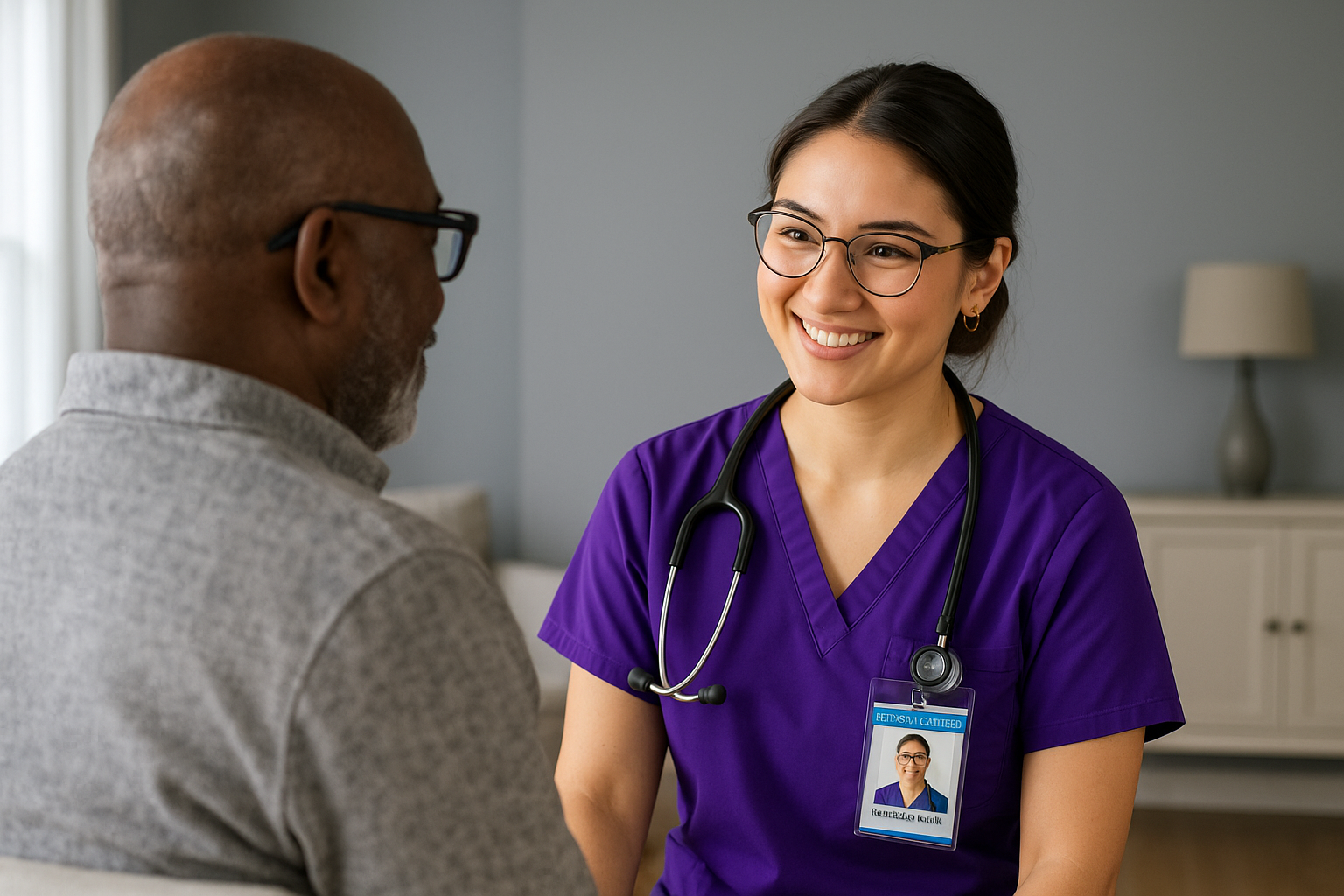 A female healthcare worker, wearing purple scrubs and eyeglasses, smiling and talking to a male patient.