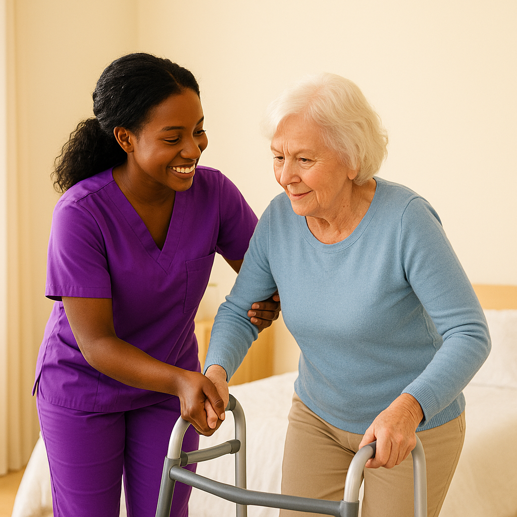 A healthcare worker assisting an elderly woman using a walker in a room with beige walls and a bed.