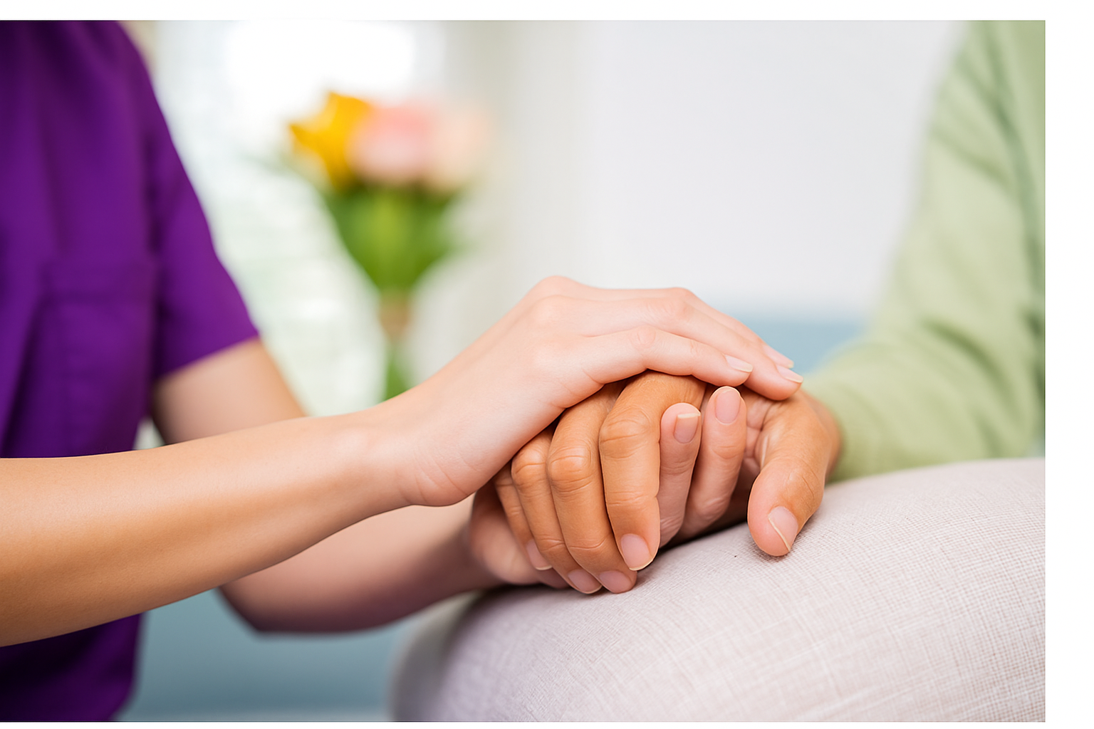 A young person holding an elderly person's hand, showing care and compassion.