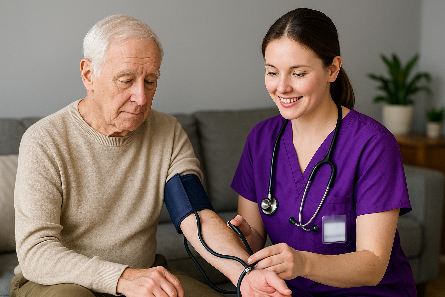 Nurse taking elderly man's blood pressure in a healthcare setting.
