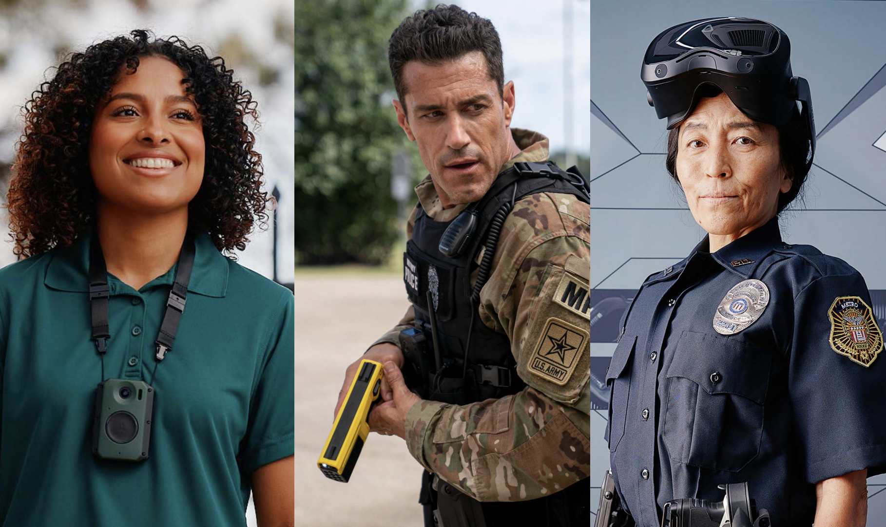 3 people in uniform using various Axon products like body camera, taser and headset