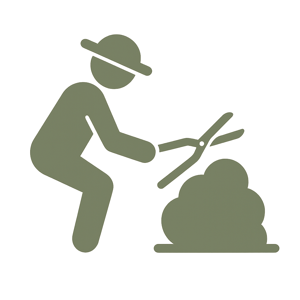 Icône d'une personne portant un chapeau, coupant un arbuste ou une plante.