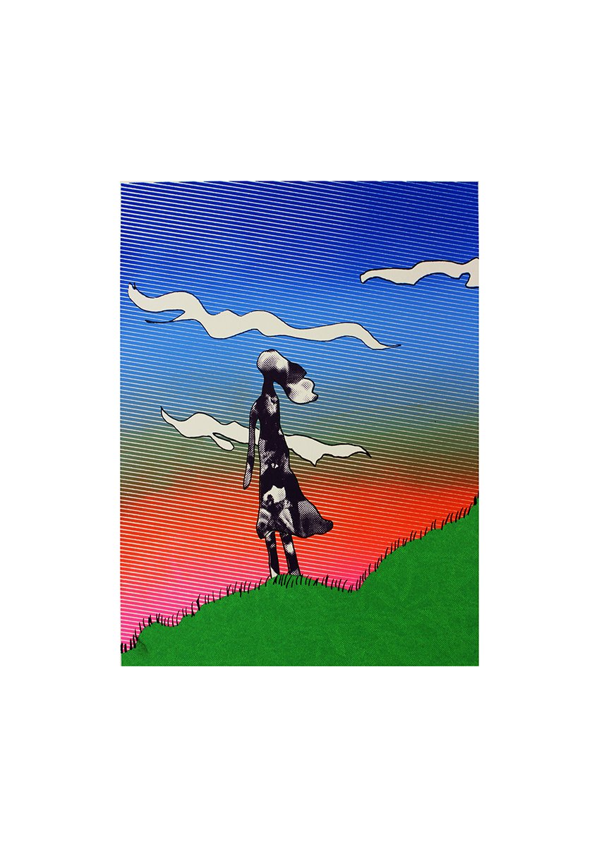 'TEXTURES' (Technique: Screen print).
This print was an exploration of different textures and materials, all combined to create an explosion of colour in a surrealist way, in a dream-like landscape.