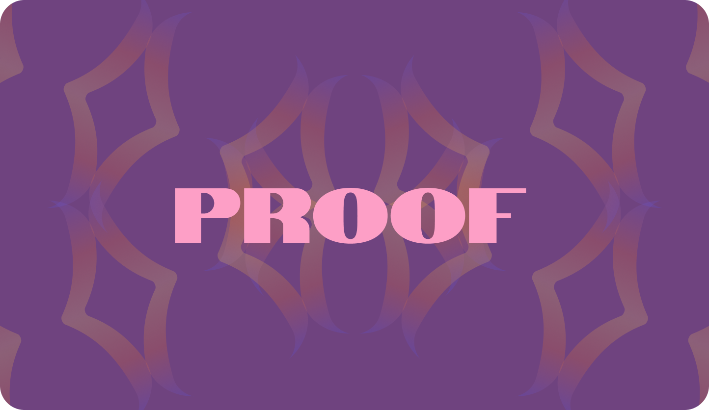 Purple background with abstract pattern and the word 'PROOF' in bold pink letters in the center.