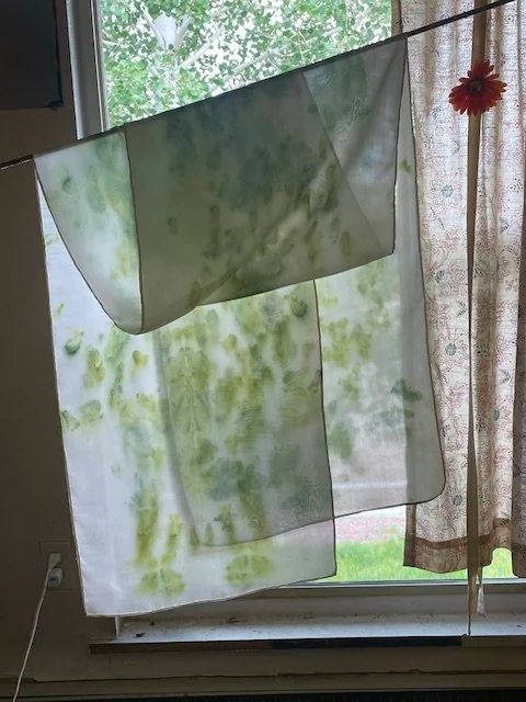 plant dyed, eco-printed, batik habotai silk scarf hanging in front of a window to show how the light comes through. eco-printed with peony flower petals.