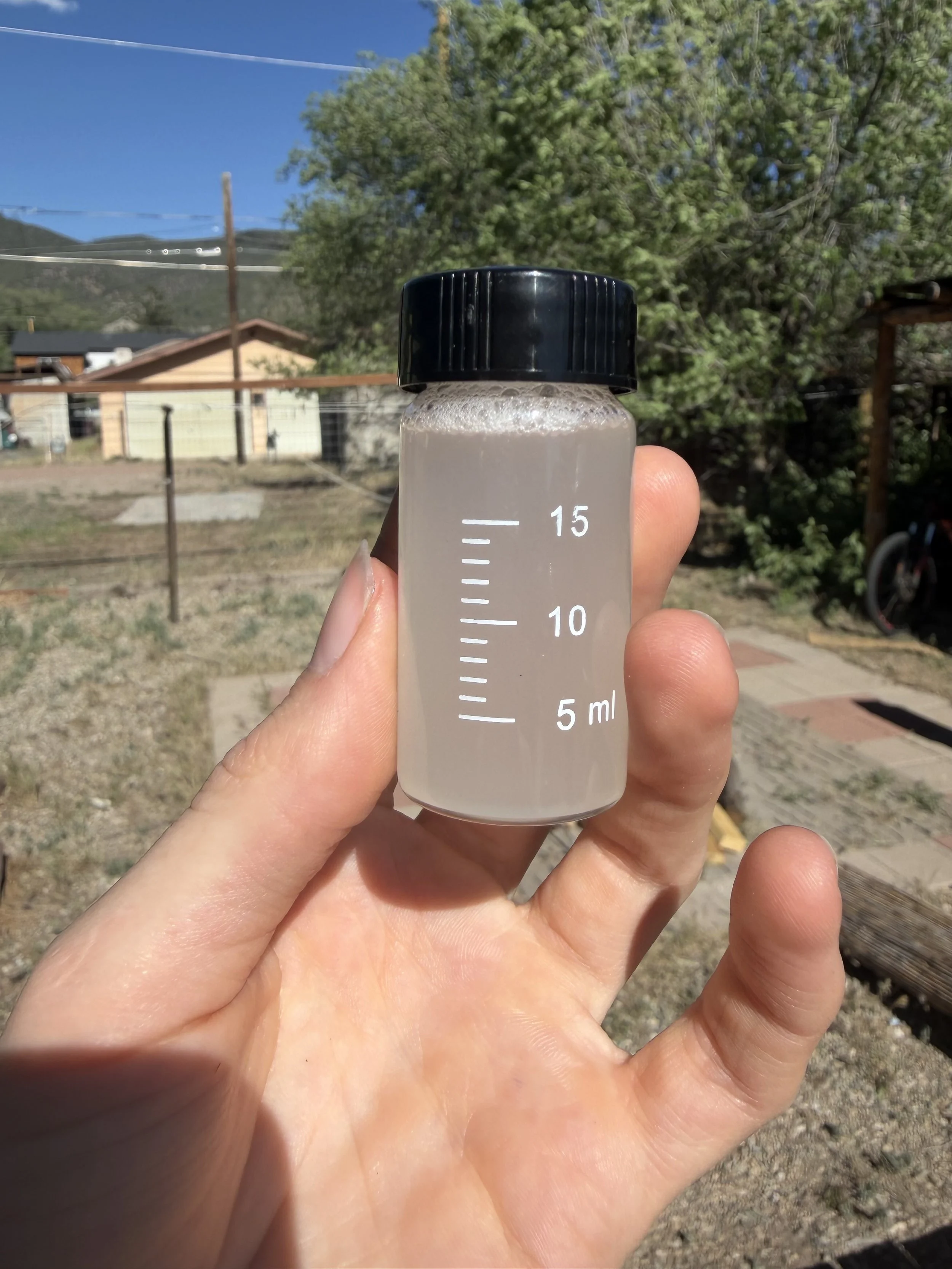 A hand holding a small clear glass bottle filled with a pH neutral detergent, with a background of trees, a house, and a clear blue sky.