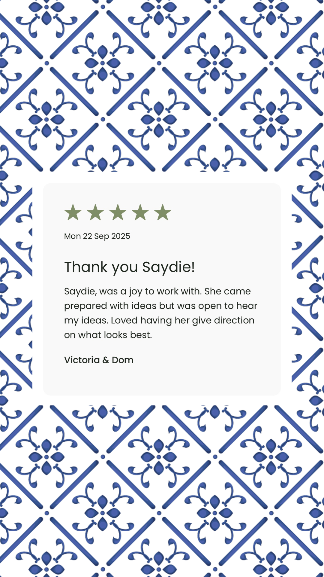 A positive review for Captured By Saydie's photography session, with five star rating, against a background of blue and white decorative tiles featuring floral and geometric patterns.