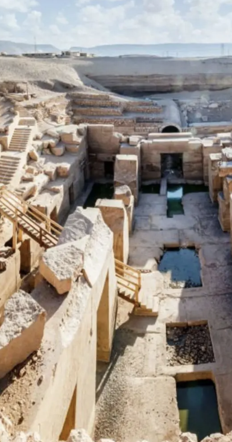 An ancient archaeological site with stone ruins and terraced structures, possibly steps, and water channels, with mountains and cloudy sky in the background.