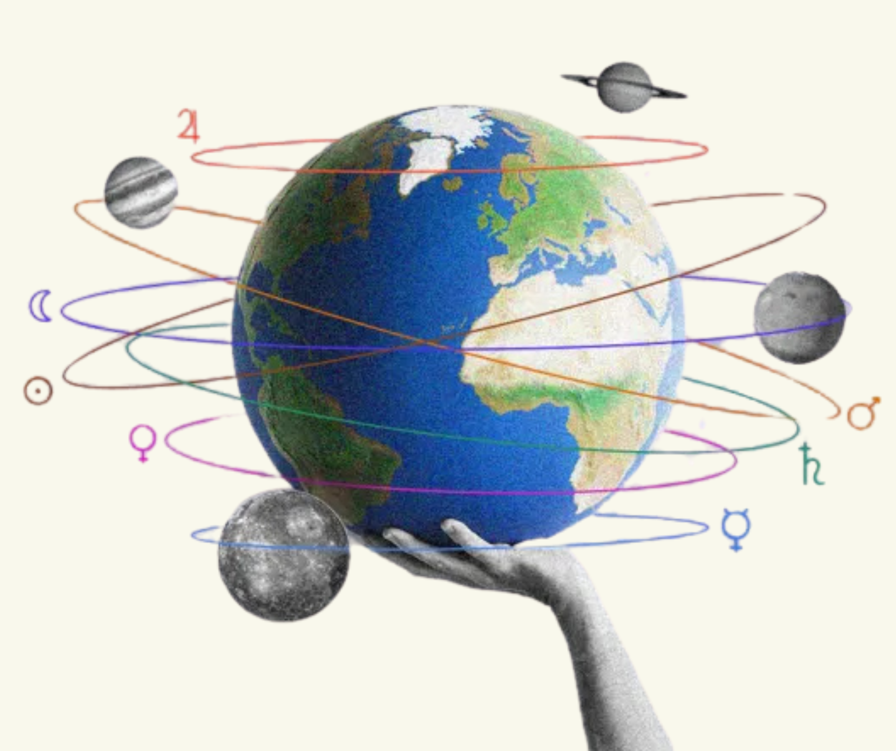 A hand holds a globe of Earth with illustrations of planets and astrological symbols orbiting around it.