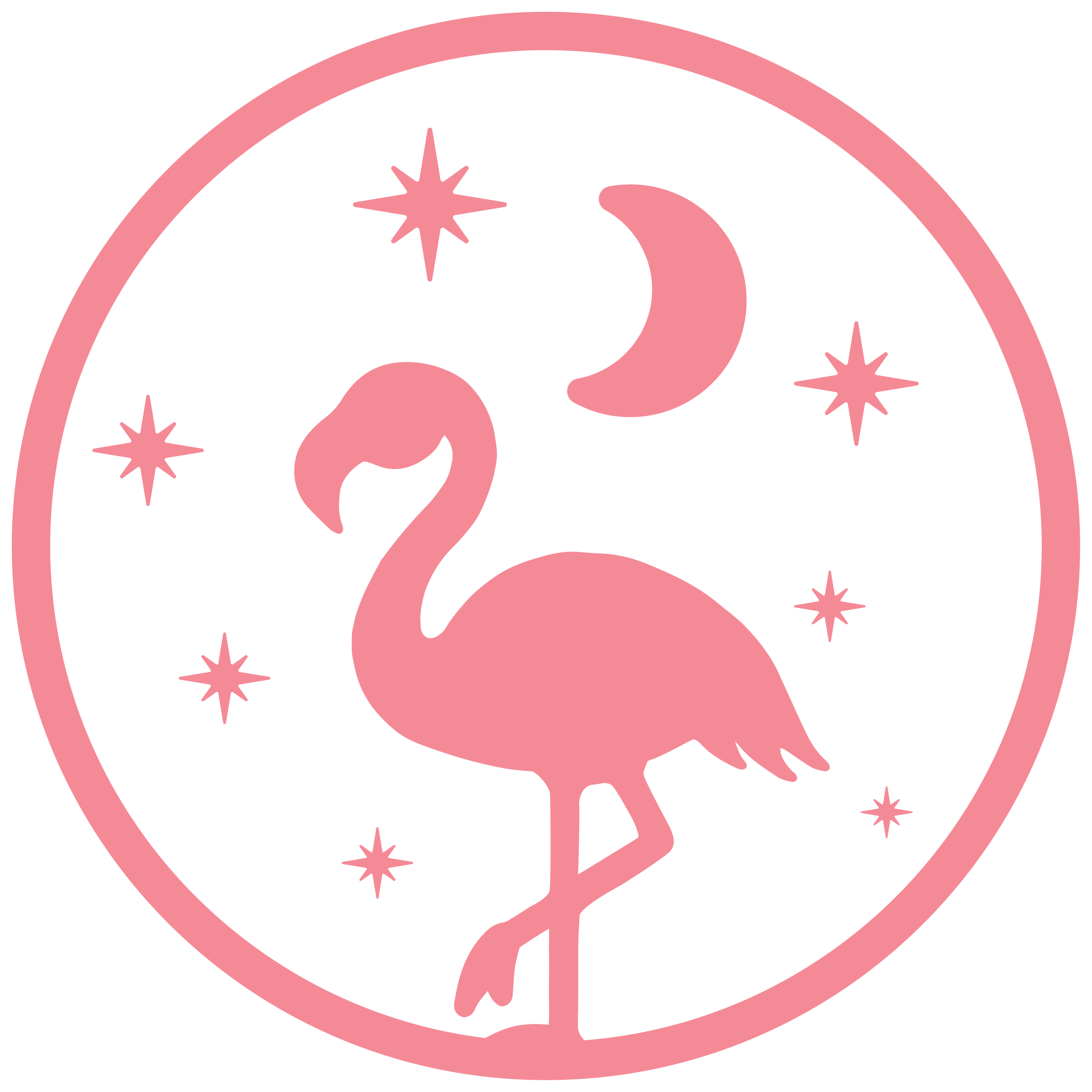 Pink flamingo, flamingo park illustration with moon and stars in a circular frame.