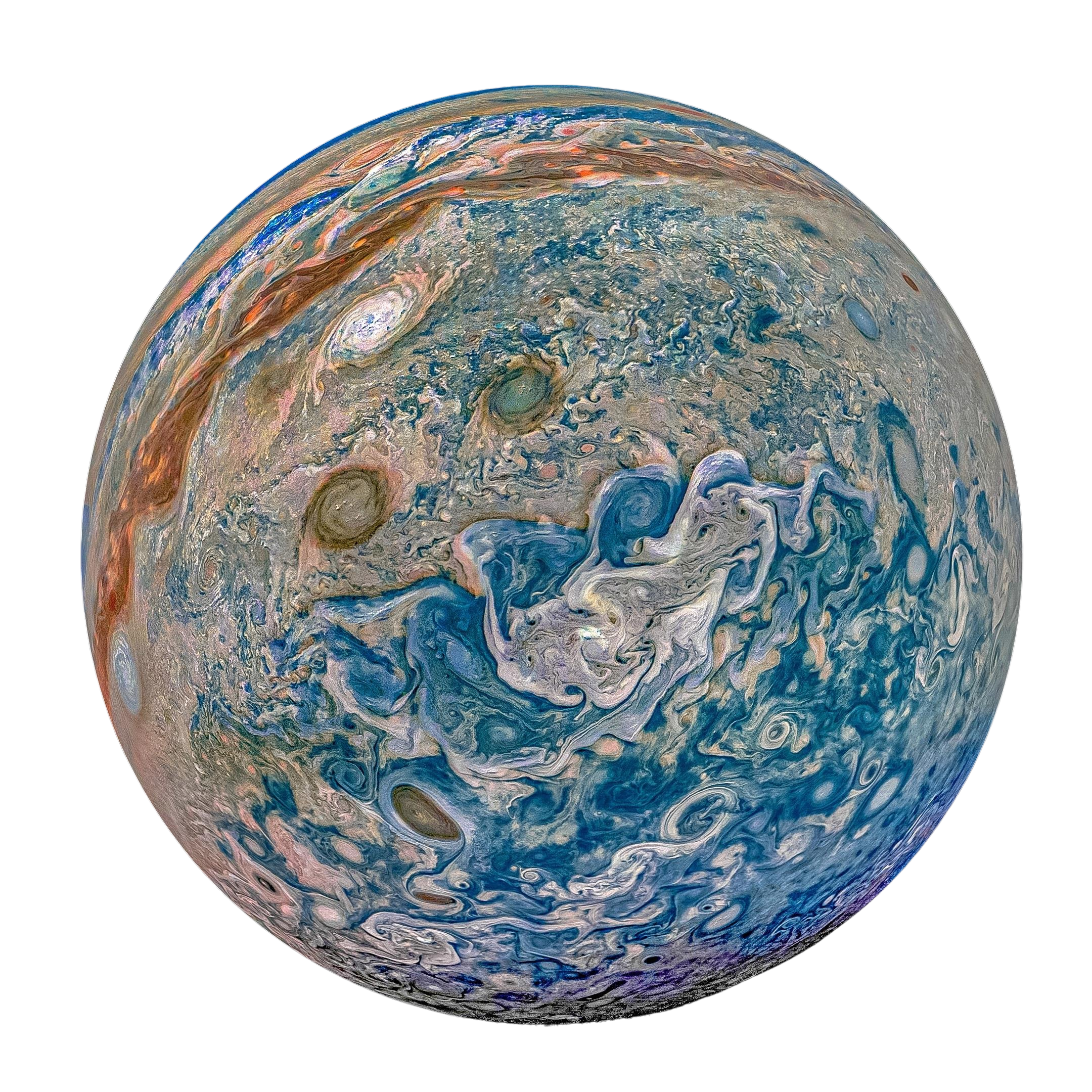 A stylized, artistic rendering of the planet Jupiter with swirling clouds and storms in shades of blue, brown, and white, set against a black background.