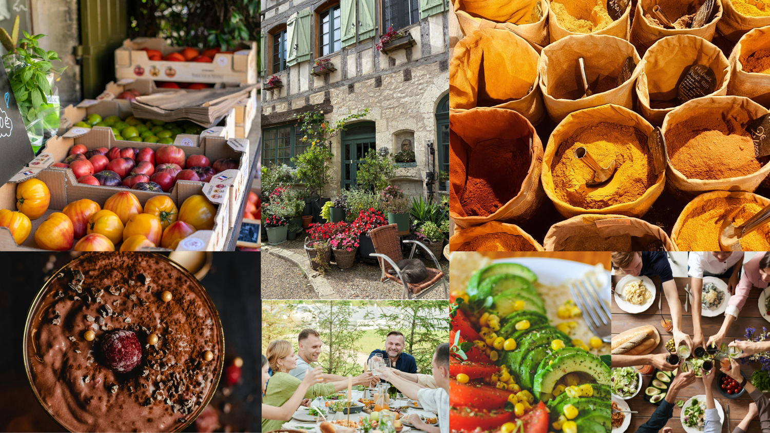 Vegan cooking retreat collage with French market produce, medieval village, spices, plant-based food and group cooking