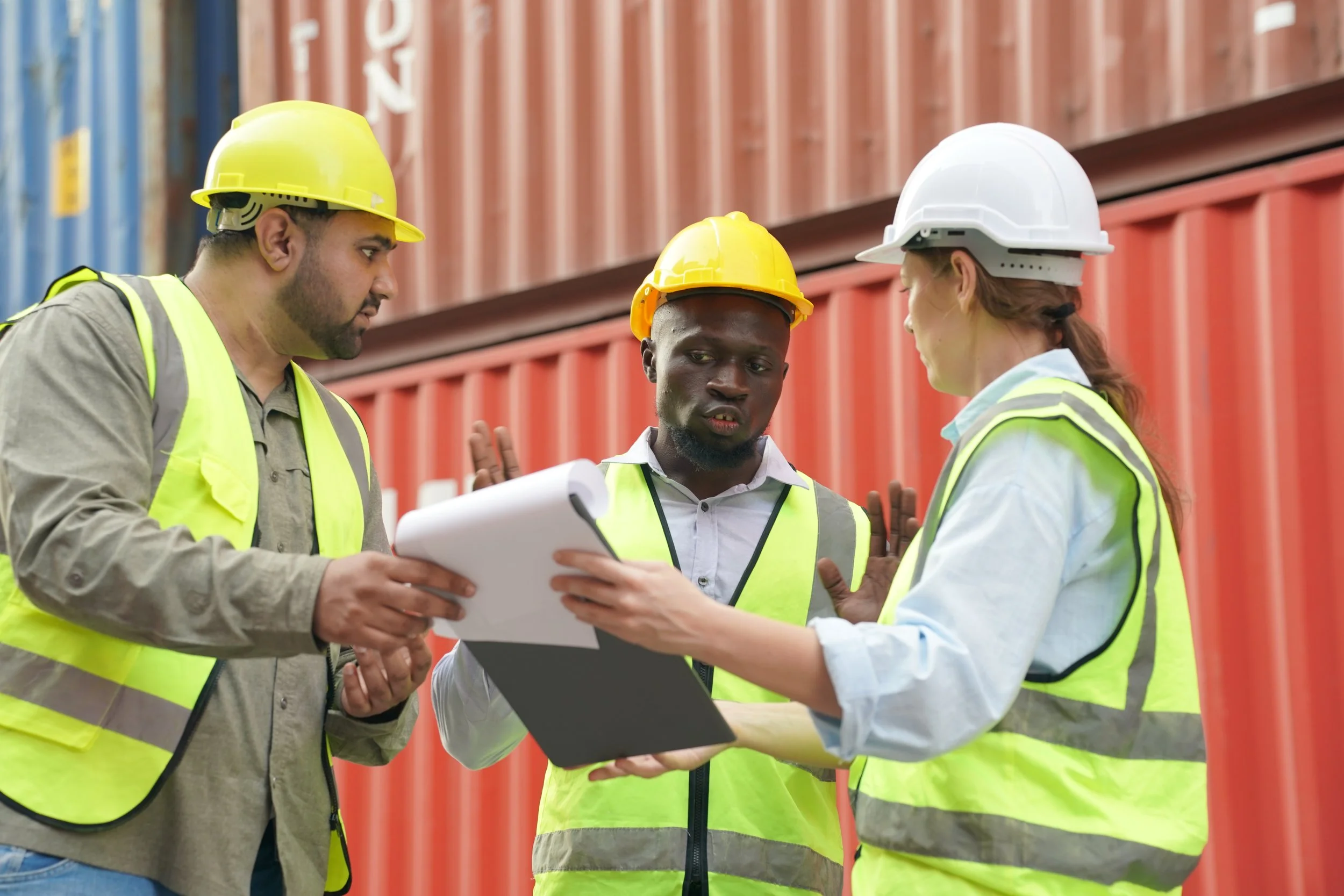 Personal de logística coordinando un permiso de carga y descarga frente a contenedores rojos en una zona de transporte.