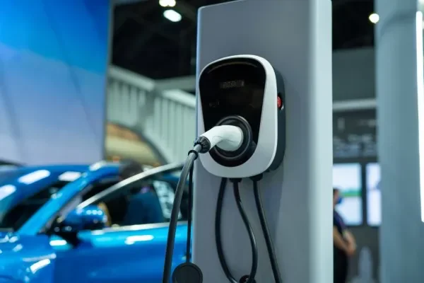 Primer plano de la instalación de cargadores eléctricos BYD para autos junto a un vehículo azul de nueva energía.