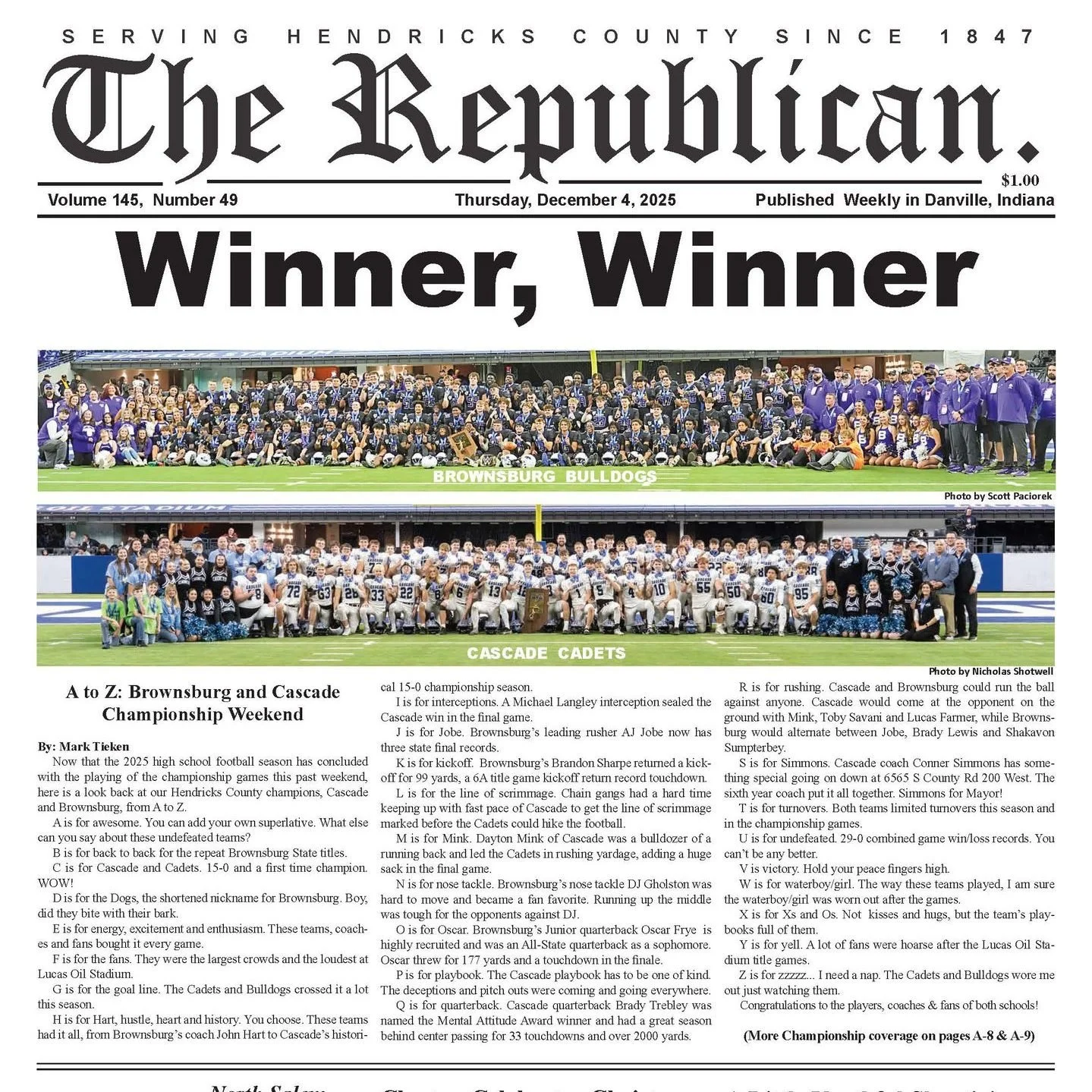 The Republican hendricks County newspaper showcasing indiana state football champions on front cover