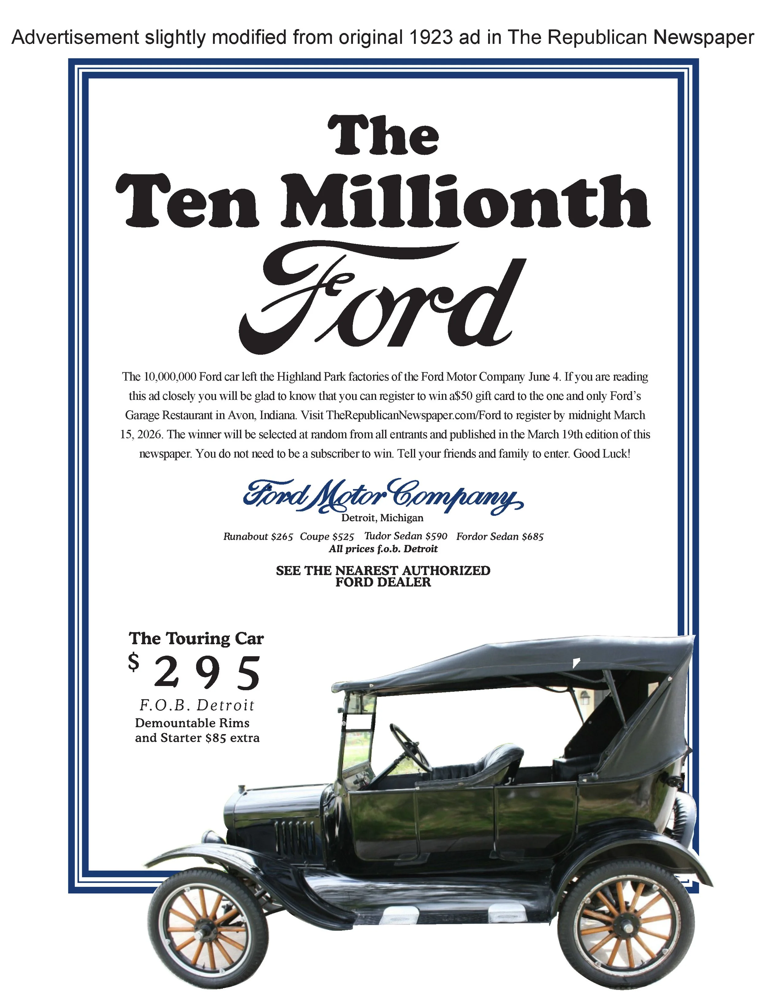Ad found in The Republican Newspaper from 1923 for Ford Motor Company.