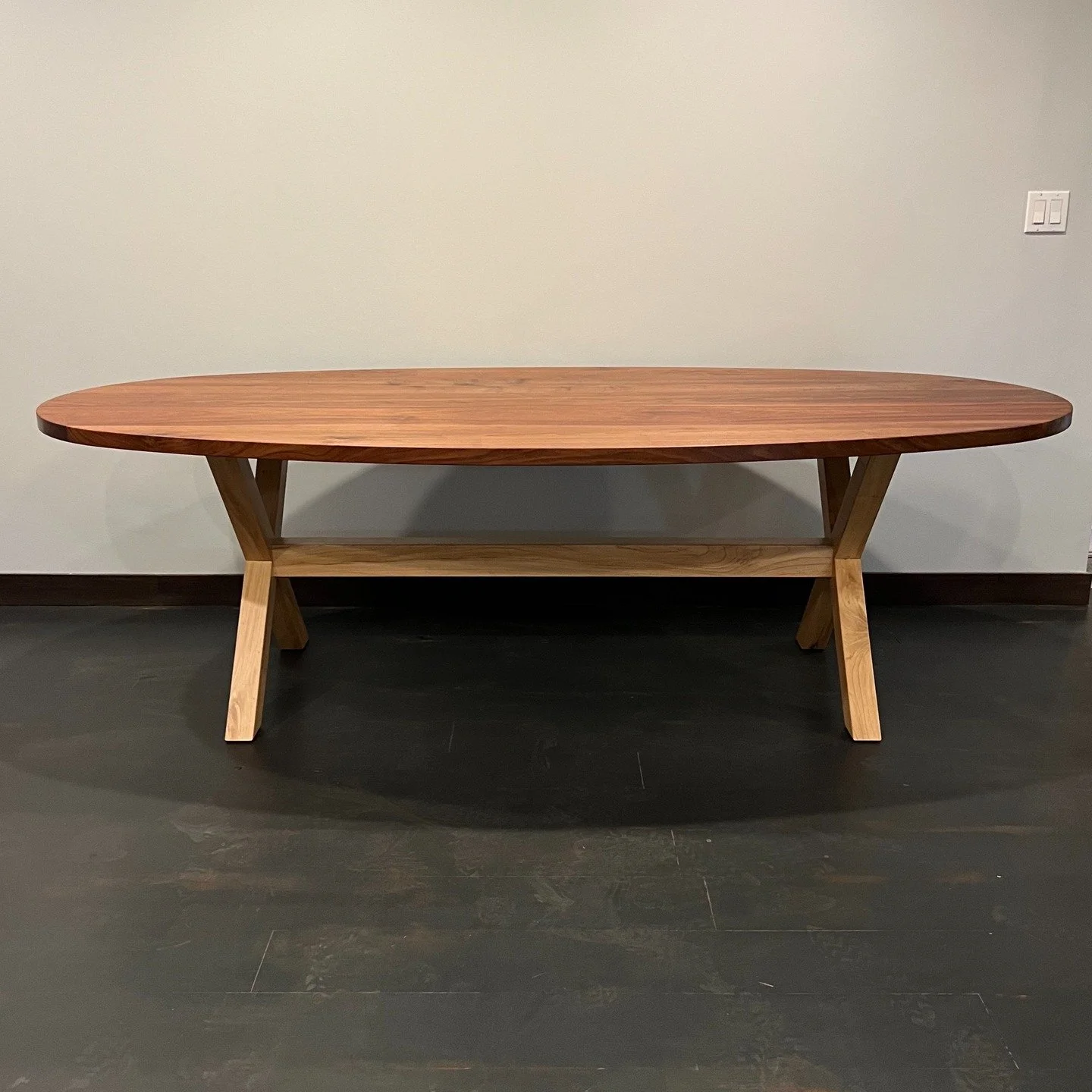 FOR SALE: Oval Dining Table with oiled walnut top and elm &quot;x&quot; trestle base.
Measures: 98&quot;l x 46&quot;w x 30&quot; t

Call for details.

#diningtables #woodfurniture #walnut #customtable #forsale